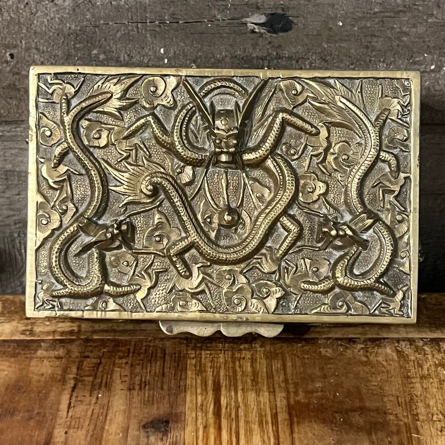 Brass Dragon Motif Rectangular Trinket Box with Wood Interior