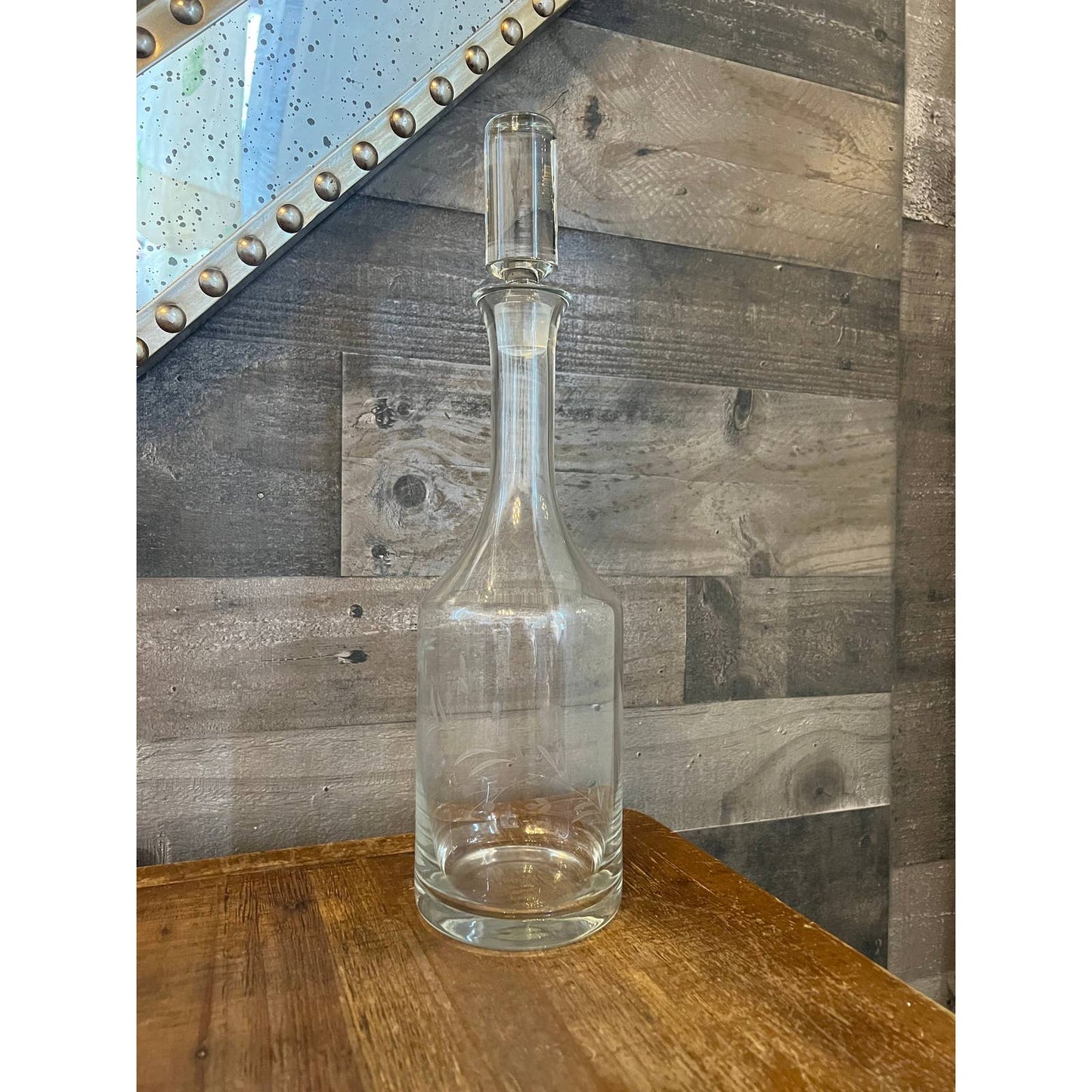 Clear glass floral etched tall decanter and cylinder stopper