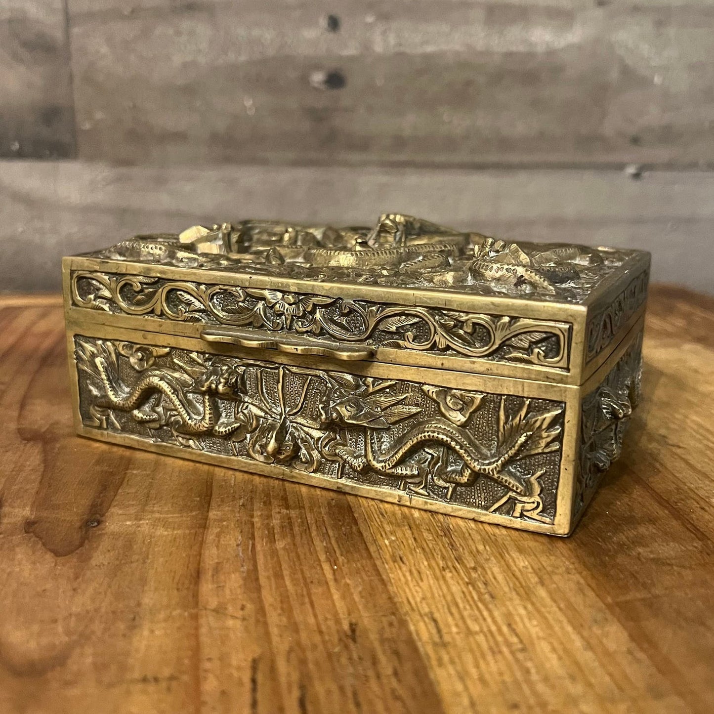 Brass Dragon Motif Rectangular Trinket Box with Wood Interior