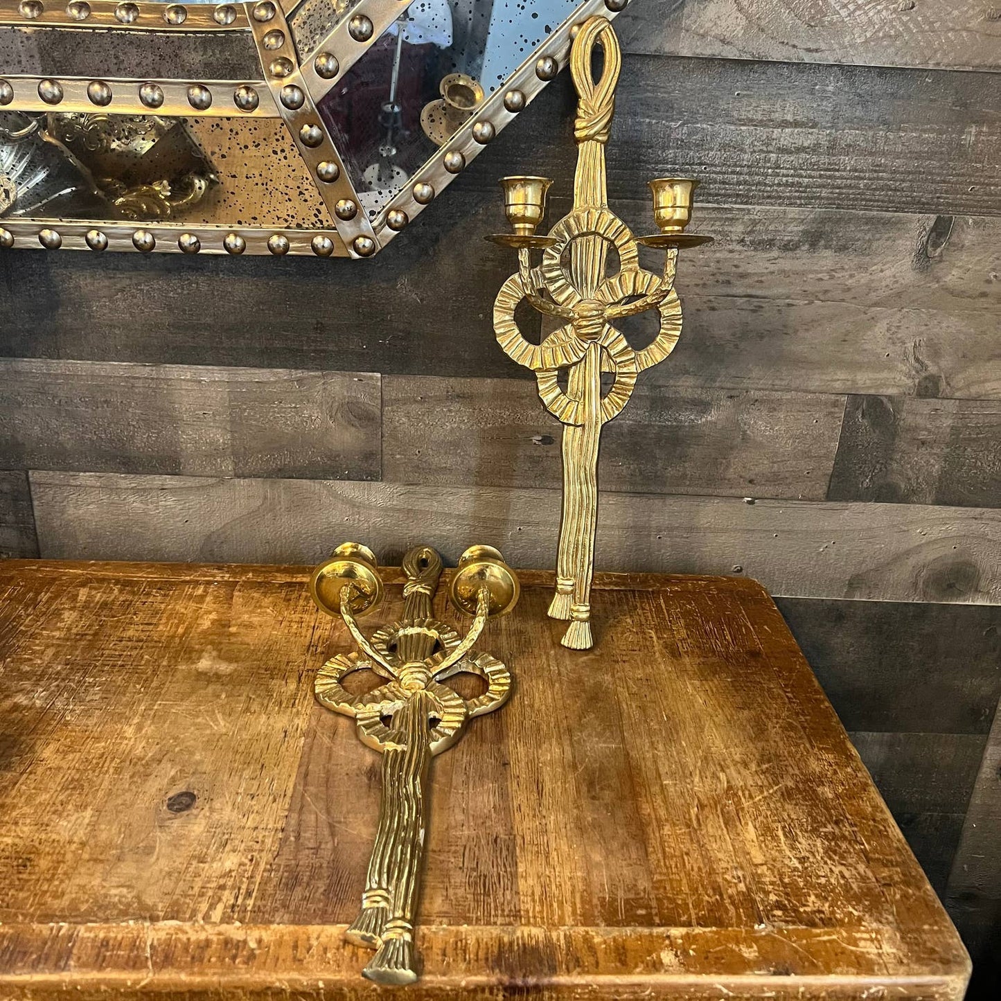 Vintage brass bow ribbon tassel wall sconces - pair