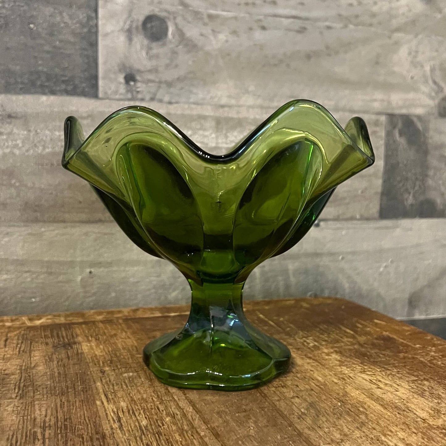 Avocado green glass petite wavy rim compote bowl