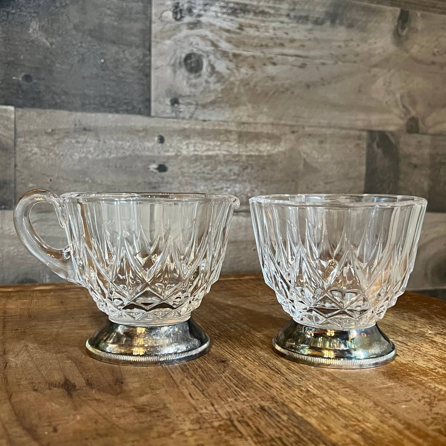 Vintage Val Saint Lambert crystal sugar and creamer with silver plated base