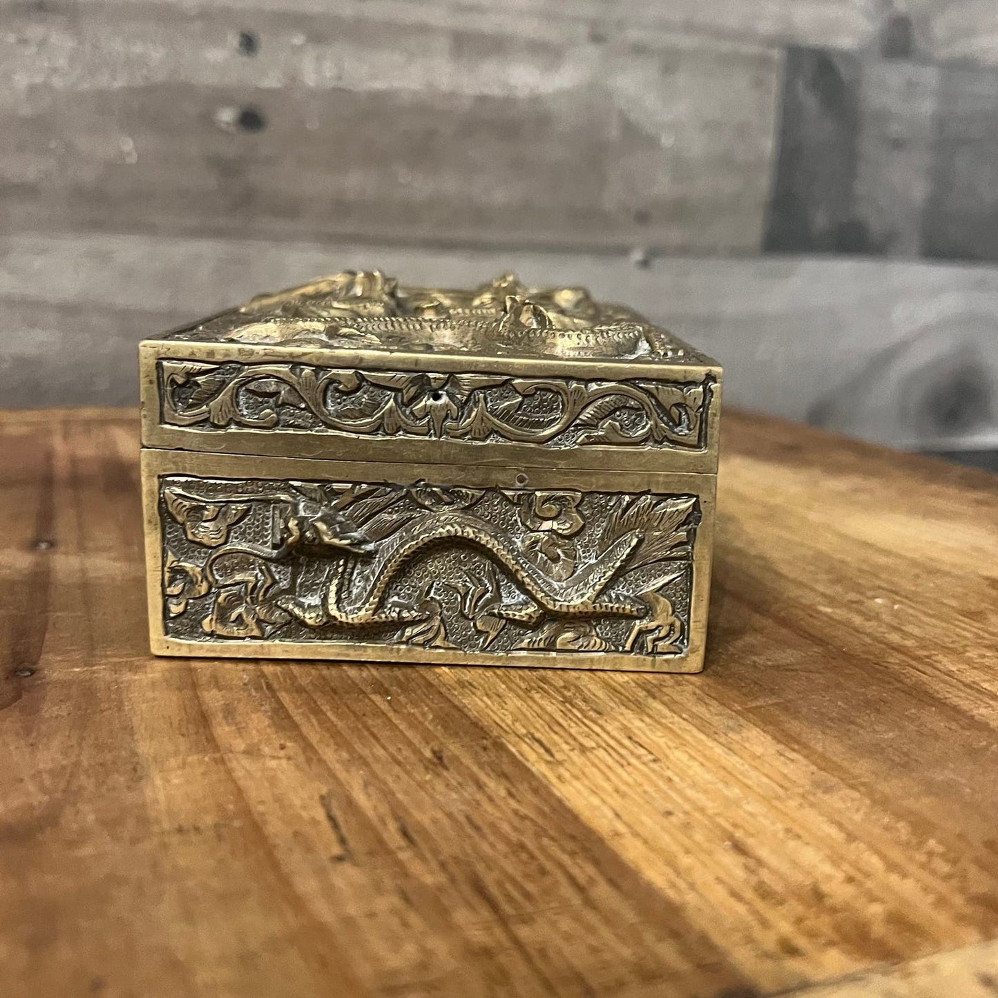 Brass Dragon Motif Rectangular Trinket Box with Wood Interior