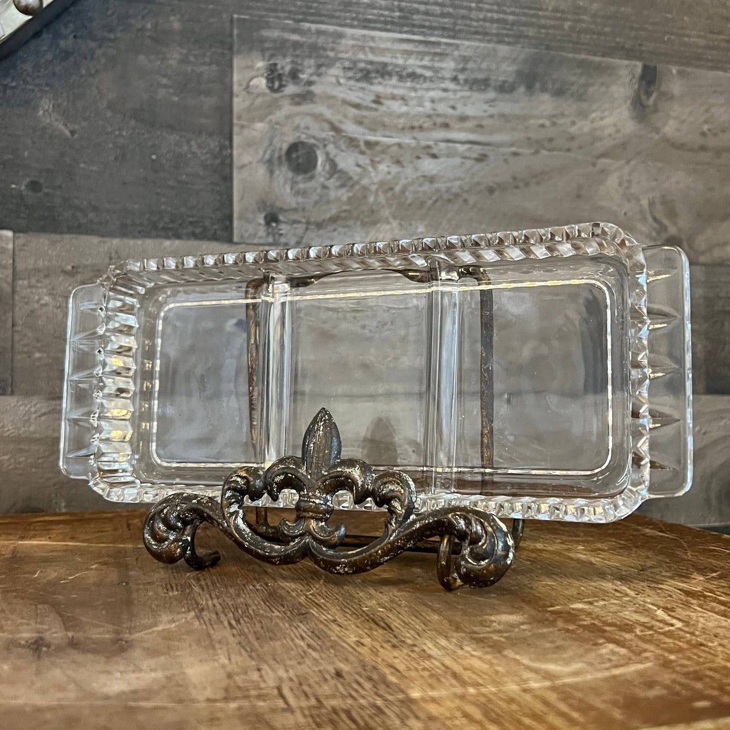 Vintage glass rectangle divided trinket tray with sawtooth rim