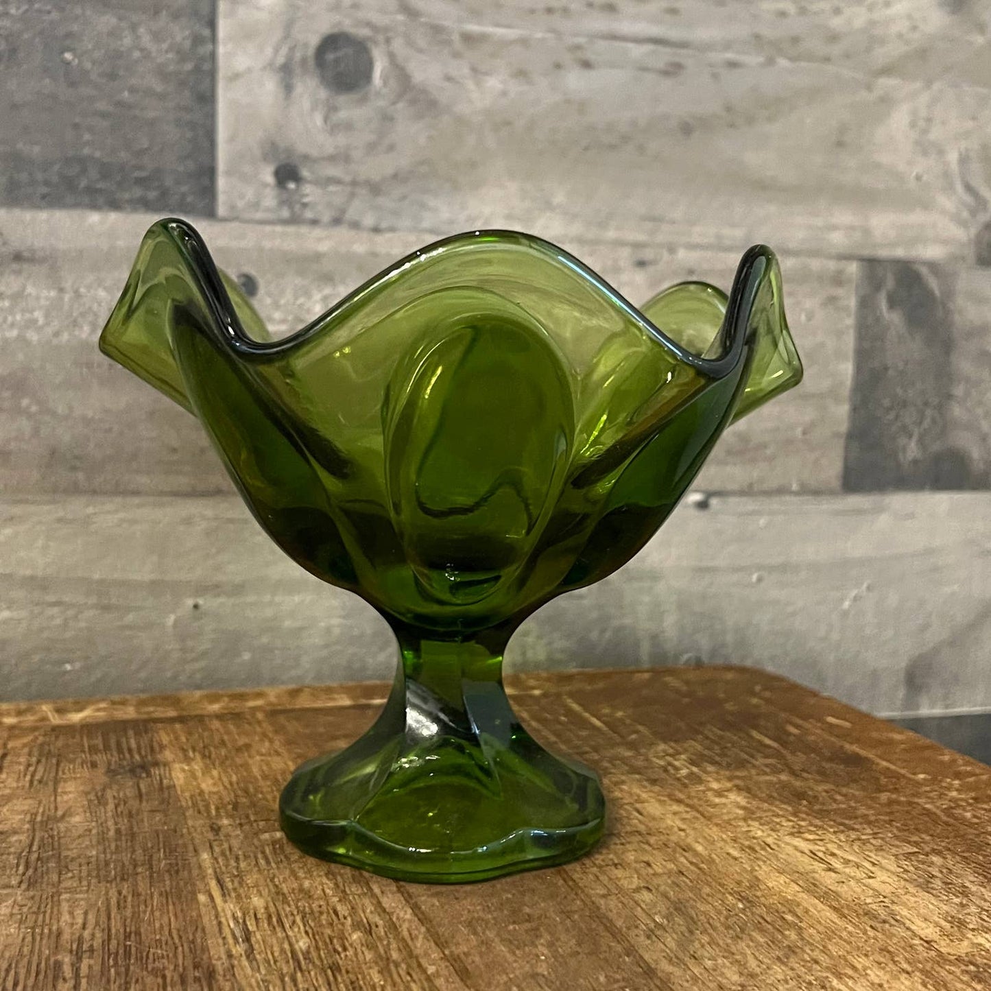 Avocado green glass petite wavy rim compote bowl