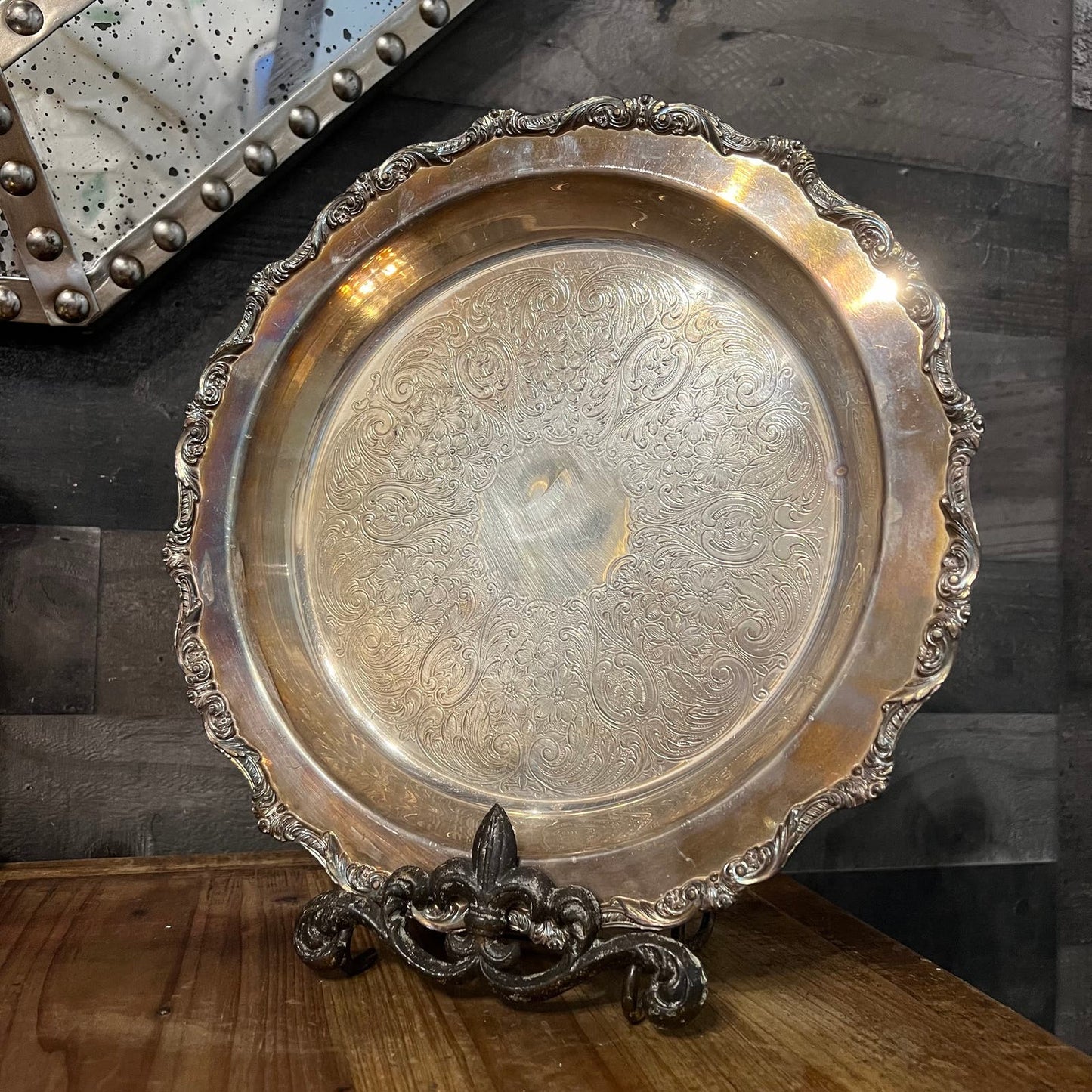 Old English by Poole 5017 Round Tri Footed Scroll Rim Silver Plated Tray