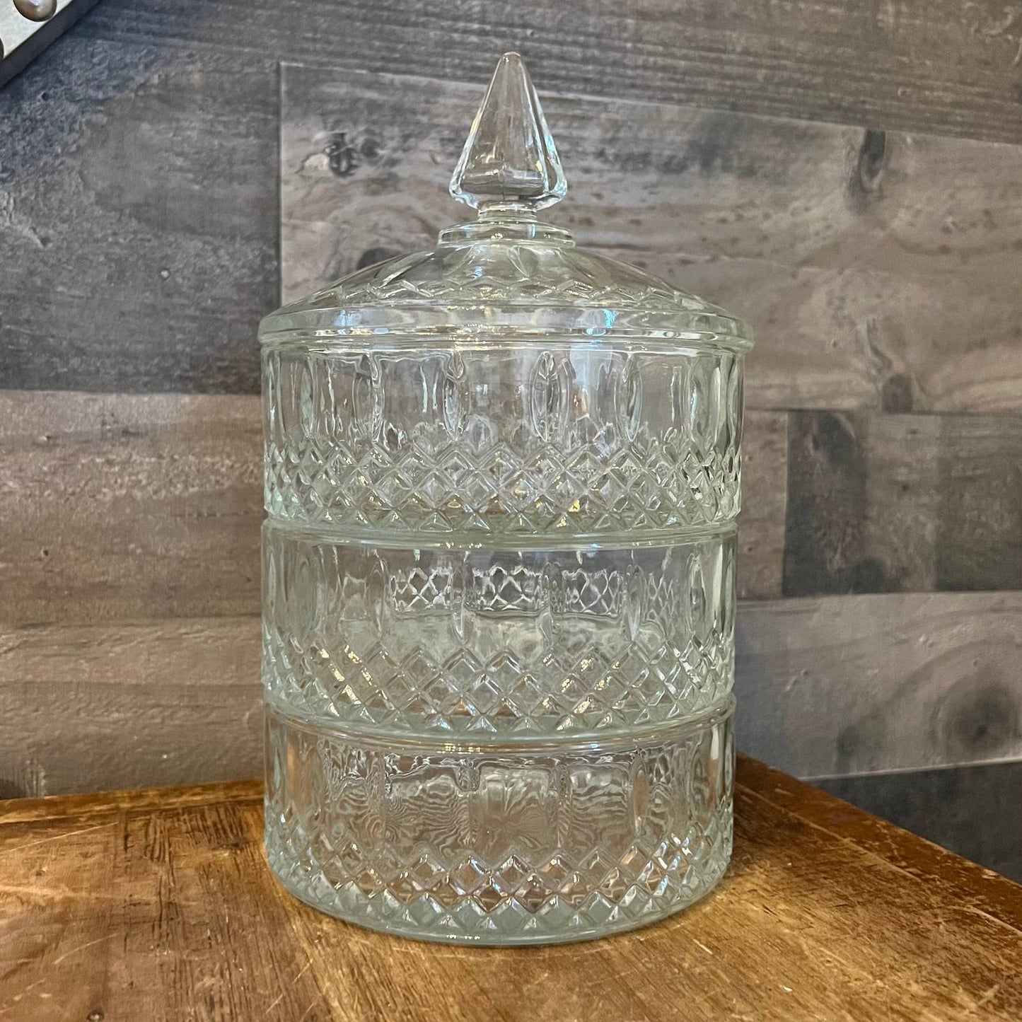 Vintage Indiana Glass 3 tier princess cut clear lidded dish