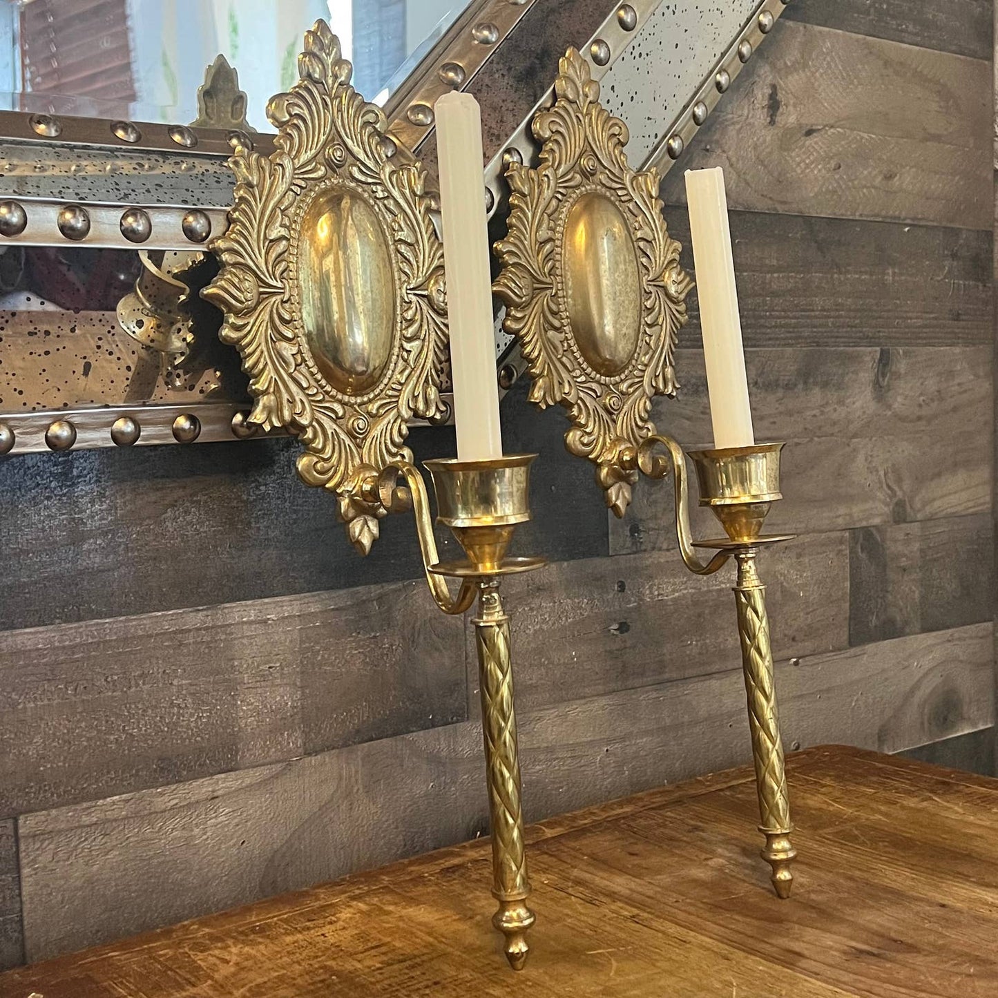 Vintage brass candlestick holder wall sconce pair
