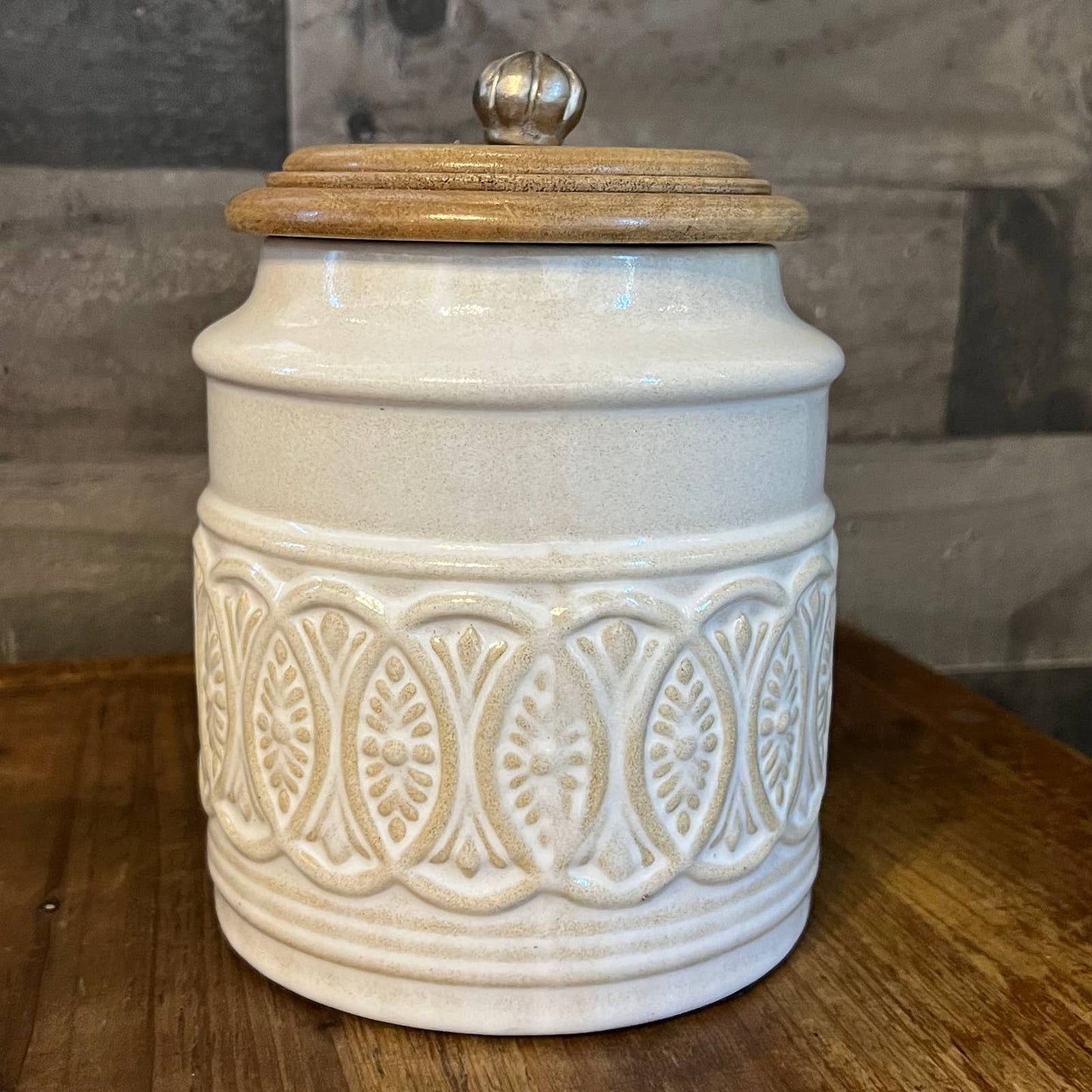 Pier 1 Imports creamy white lidded canister