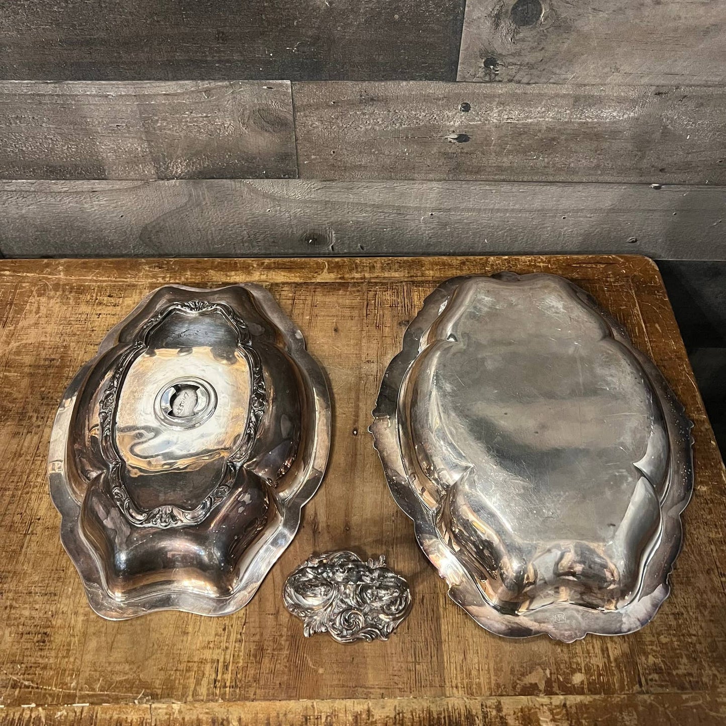 Antique silver lidded entree serving dish