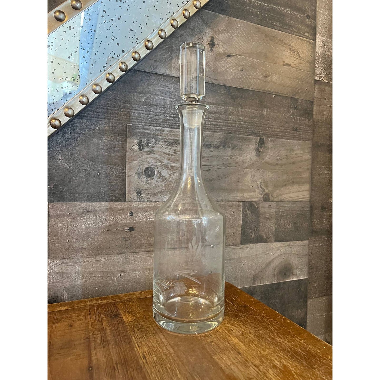 Clear glass floral etched tall decanter and cylinder stopper