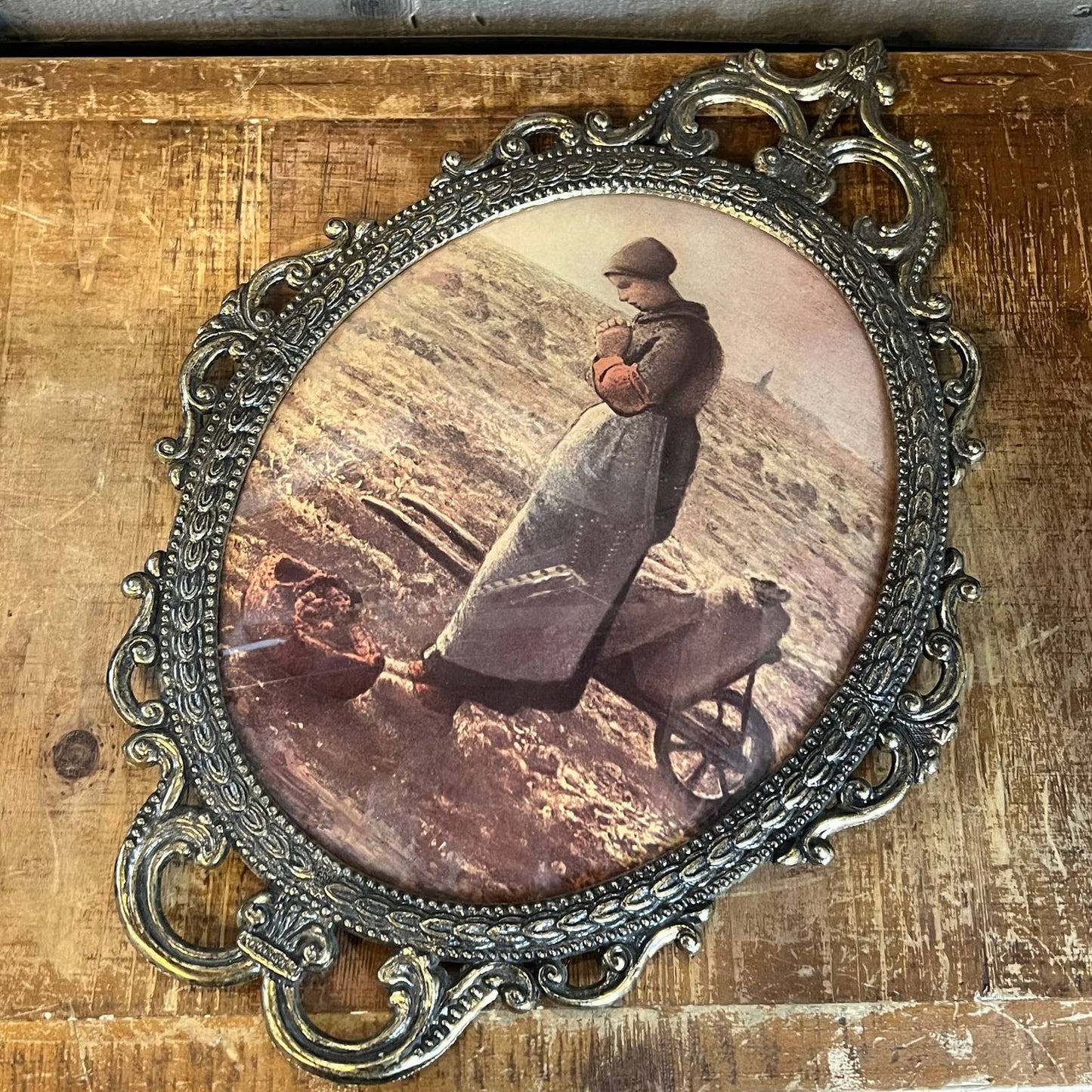 The Angelus by Jean Francois pictures - farmers pictures pair in oval Victorian frame