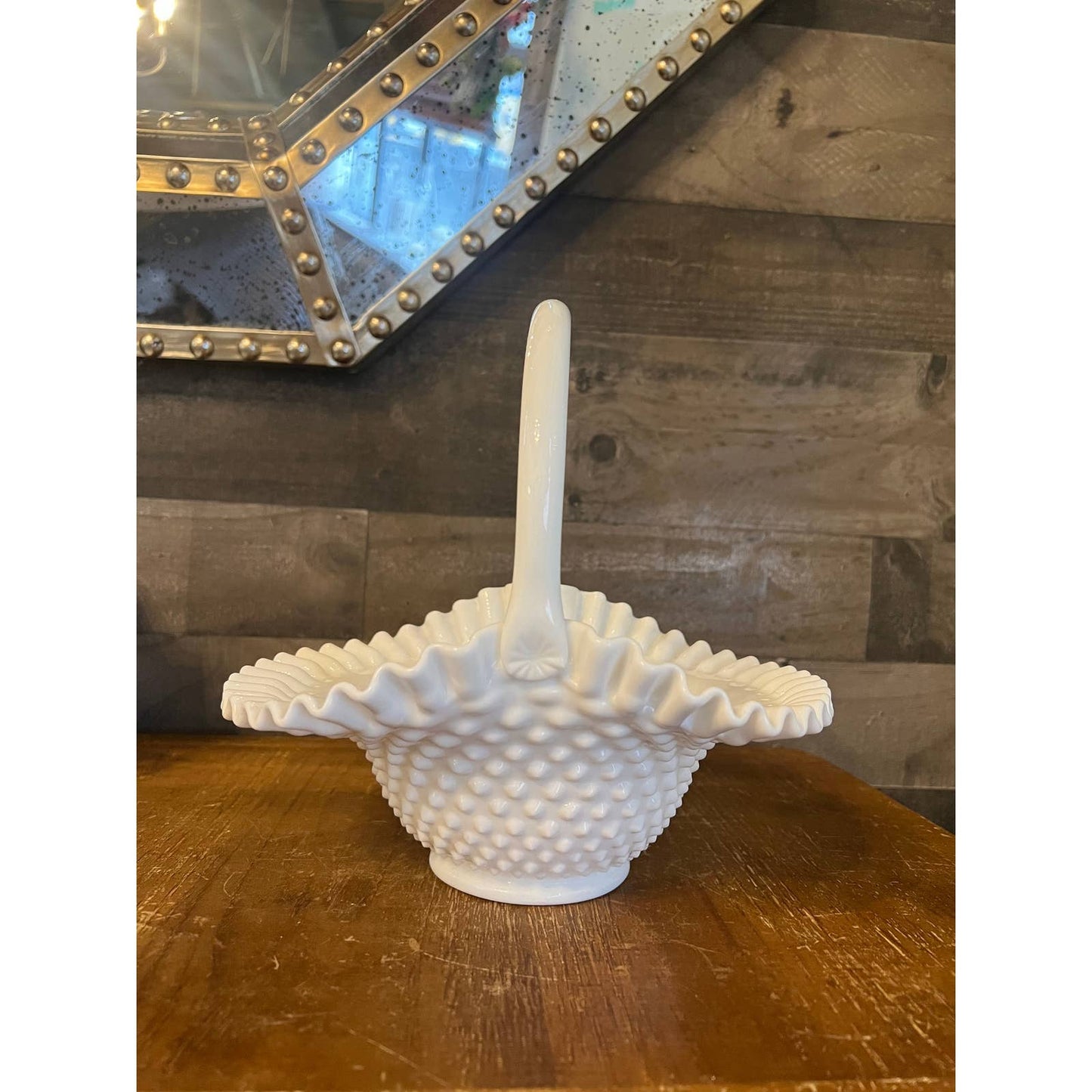 Vintage Fenton hobnail white milk glass handle basket with ruffled ribbon edge