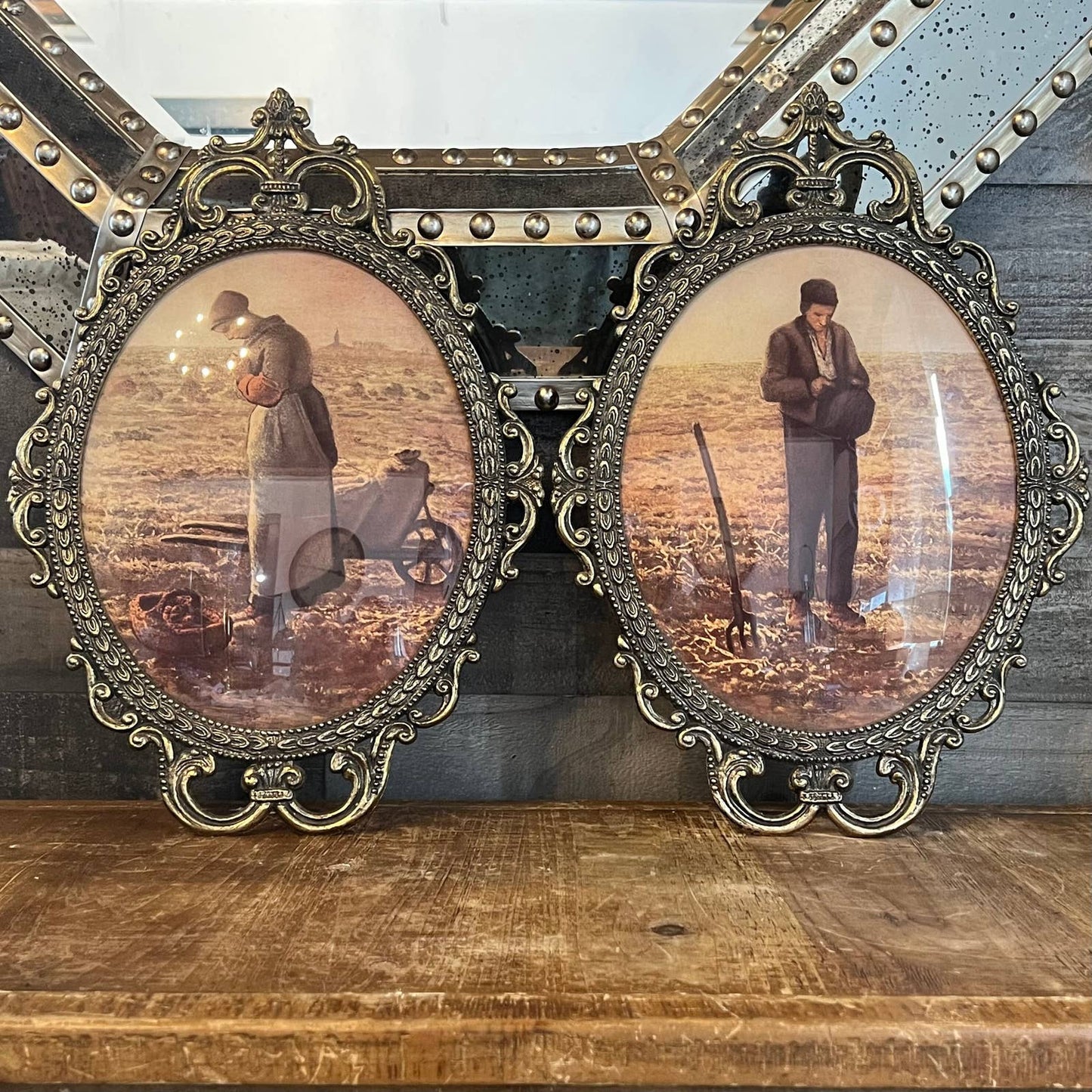 The Angelus by Jean Francois pictures - farmers pictures pair in oval Victorian frame