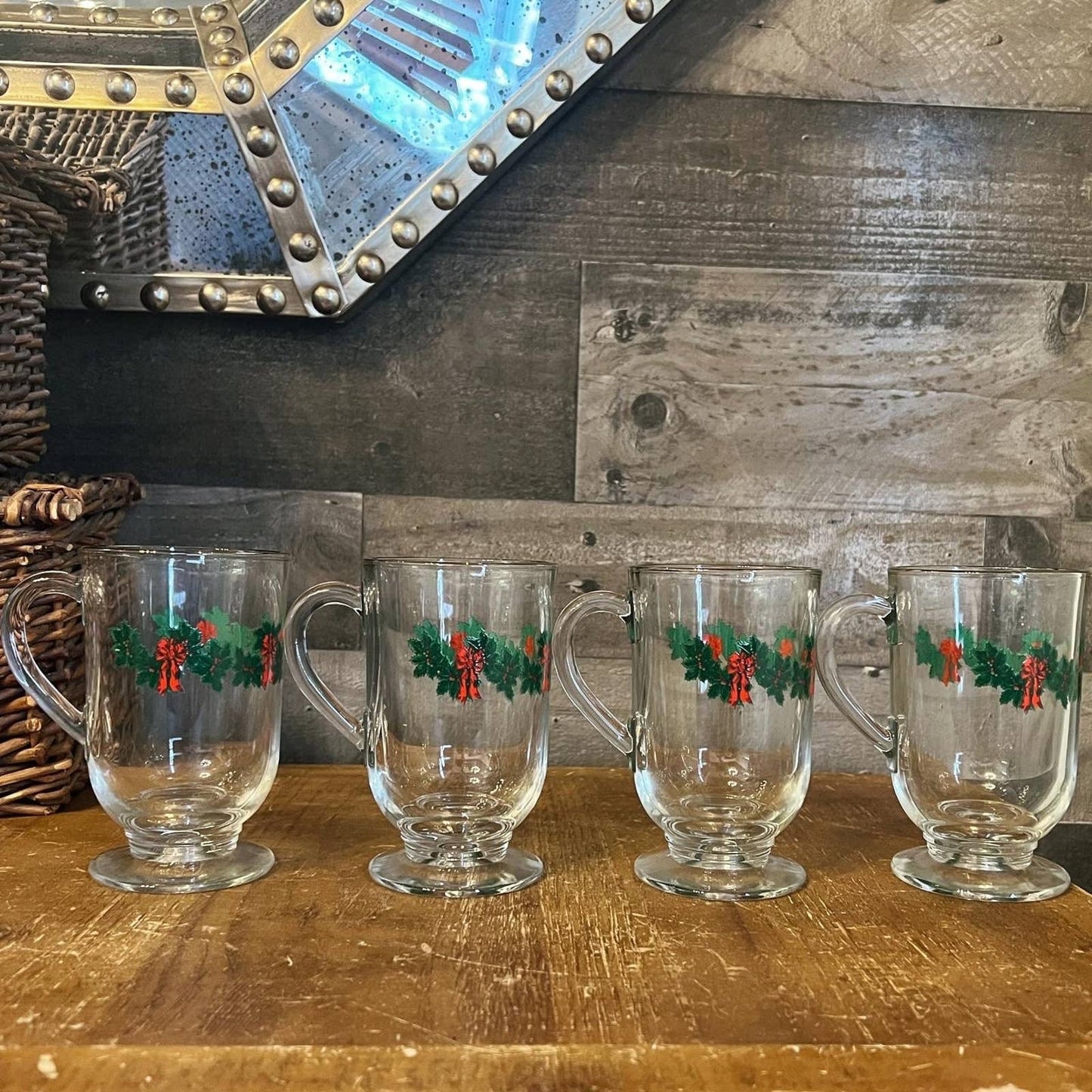 4 vintage holiday Libbey glass green garland red bows holly berries mugs