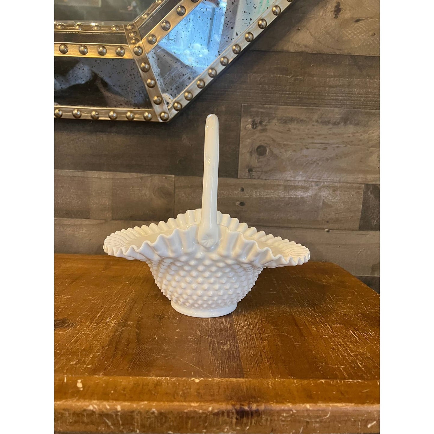 Vintage Fenton hobnail white milk glass handle basket with ruffled ribbon edge