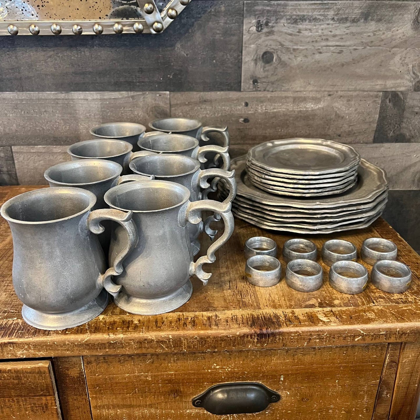 Vintage pewter dinnerware - pewter serveware - pewter mugs - pewter dinner plates - pewter salad plates