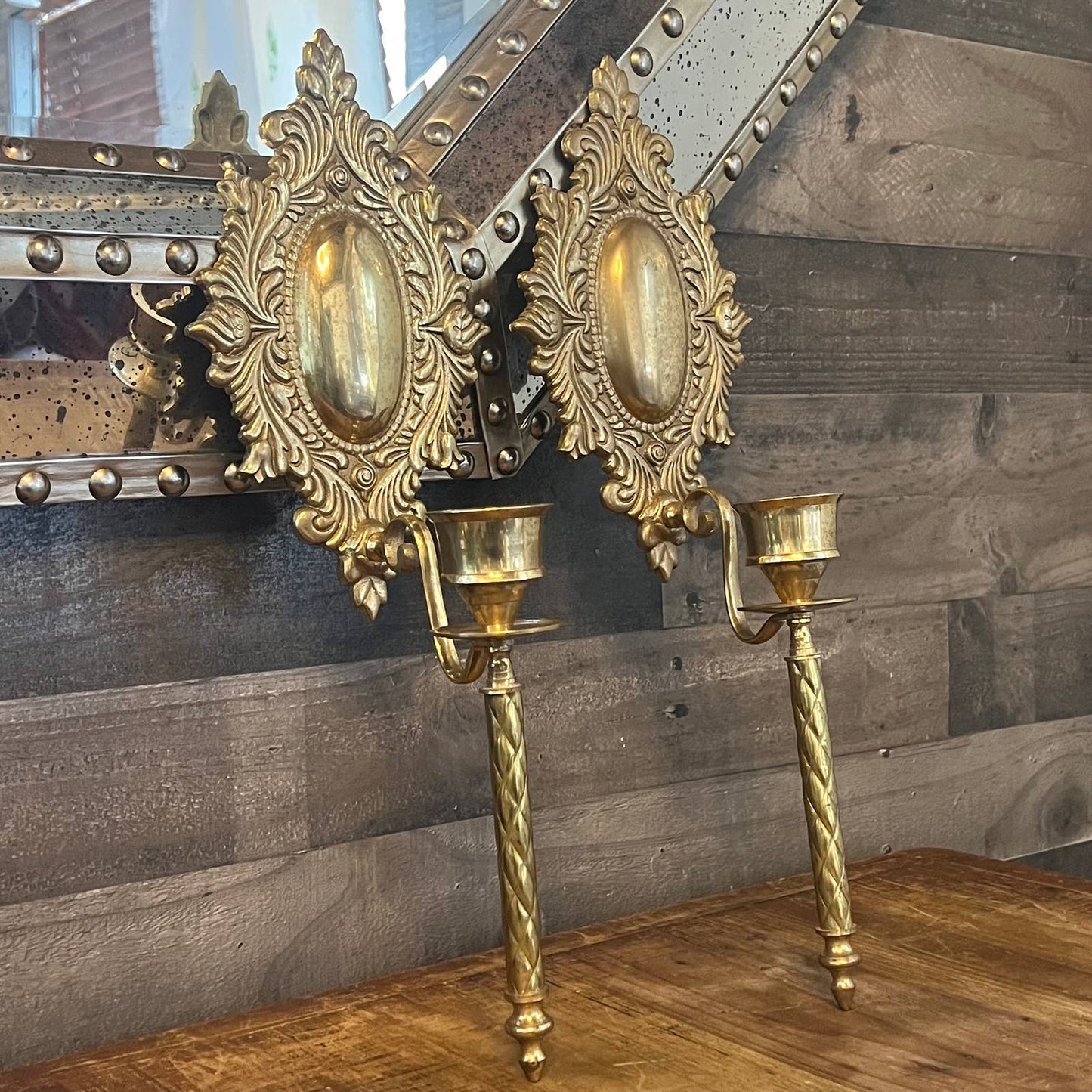 Vintage brass candlestick holder wall sconce pair