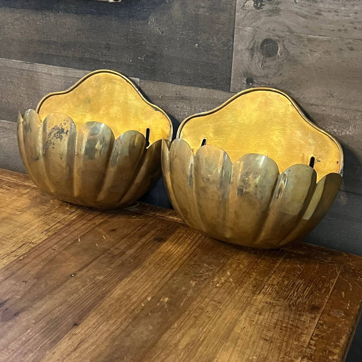 Vintage brass scallop edge wall planters - pair