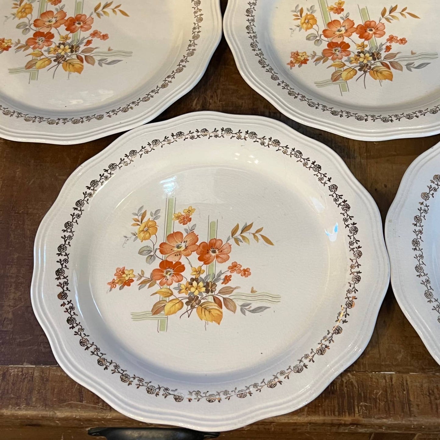 Vintage French Saxon China 22 K gold floral ribbon plates - set of 6