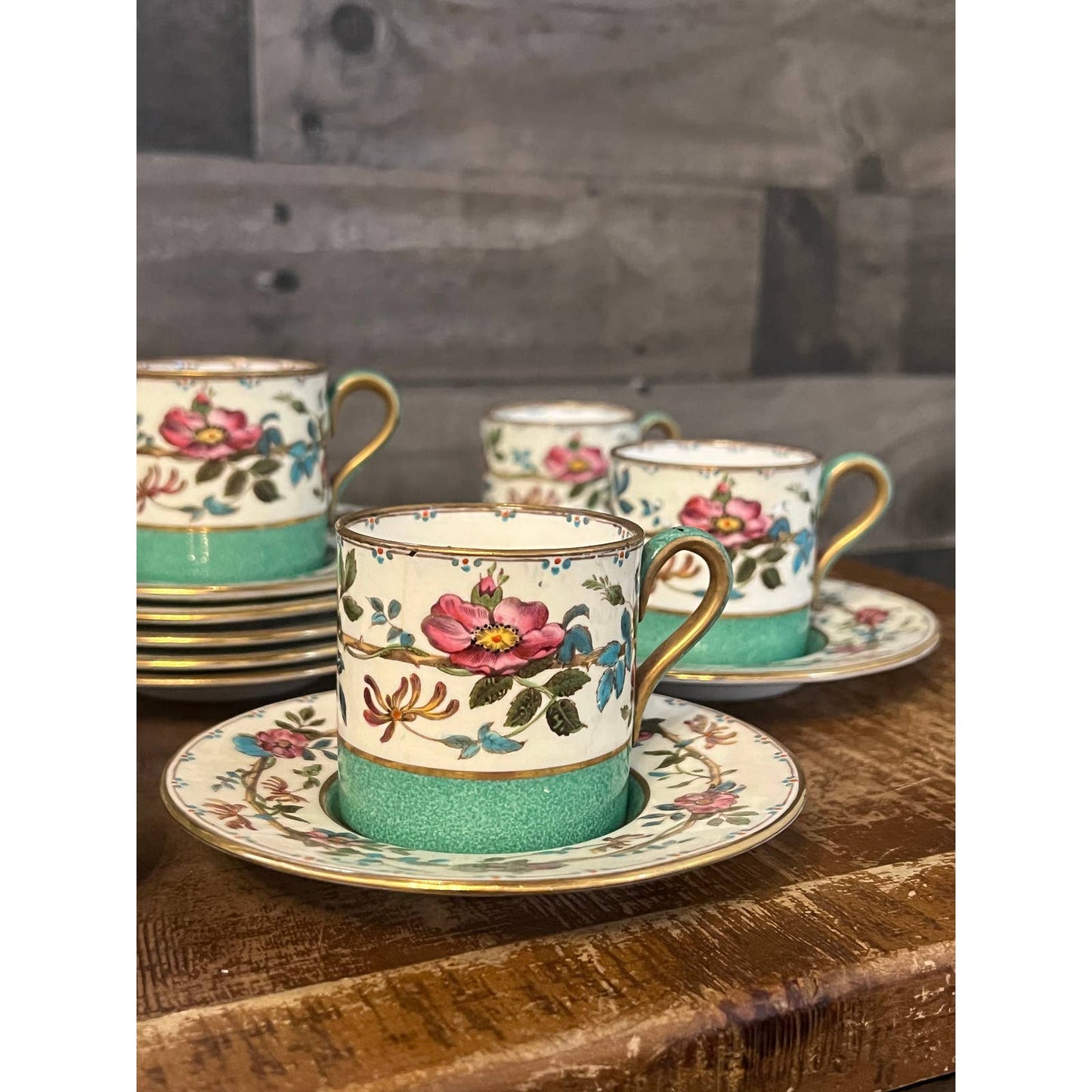 Wedgwood green demitasse floral teacups and saucers - 8 teacups, 12 saucers