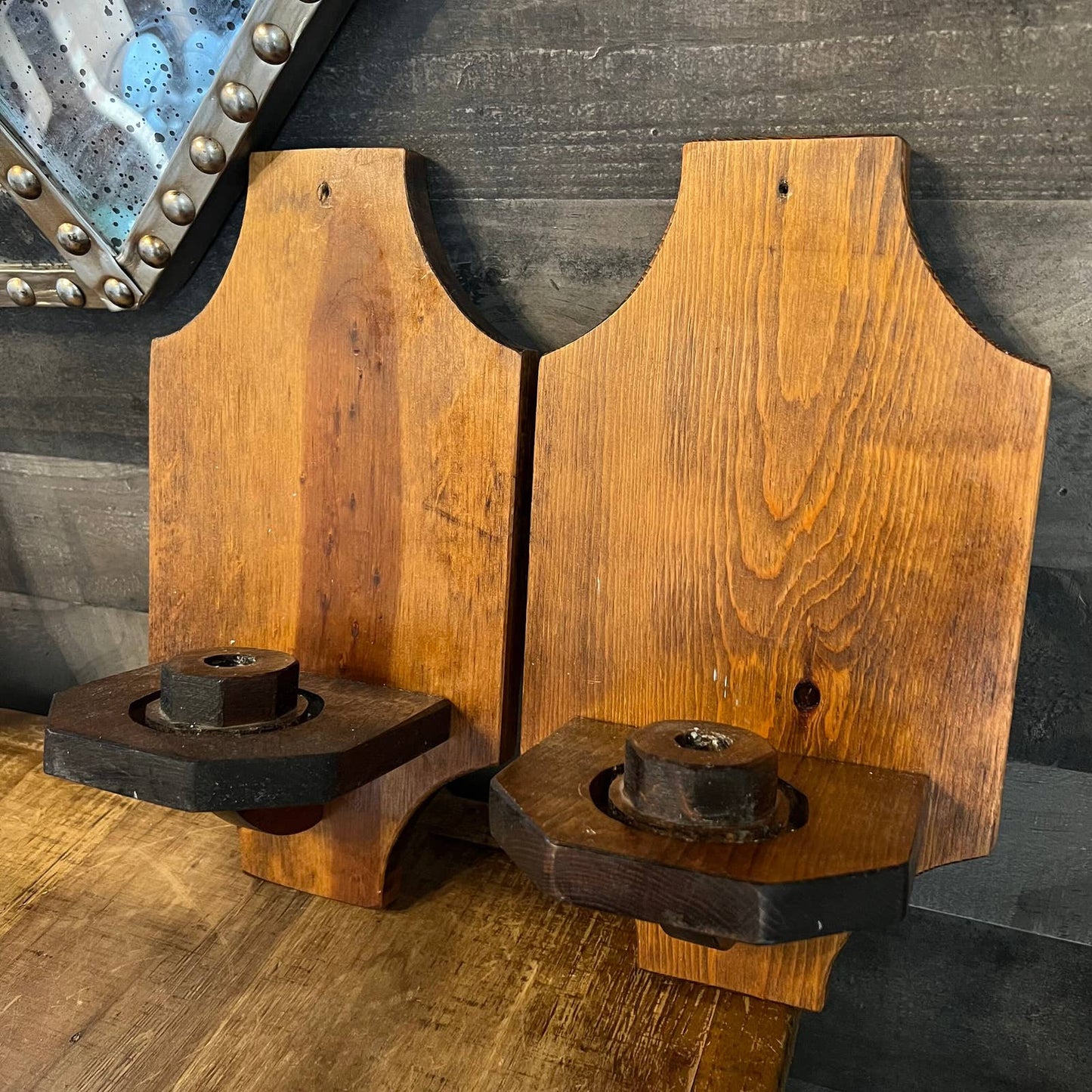 Vintage pair of wooden wall sconce candlestick holders