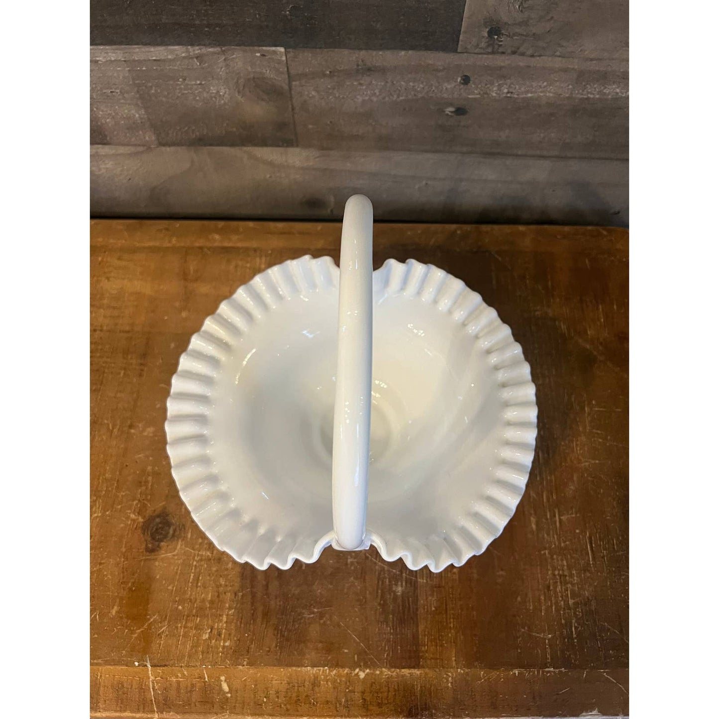 Vintage Fenton hobnail white milk glass handle basket with ruffled ribbon edge