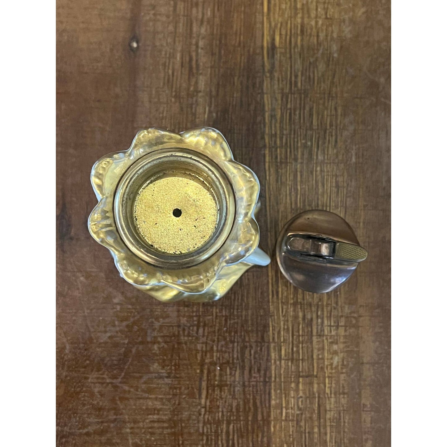 Rosenfeld Imports NY porcelain white and gold rose brass / copper table lighter