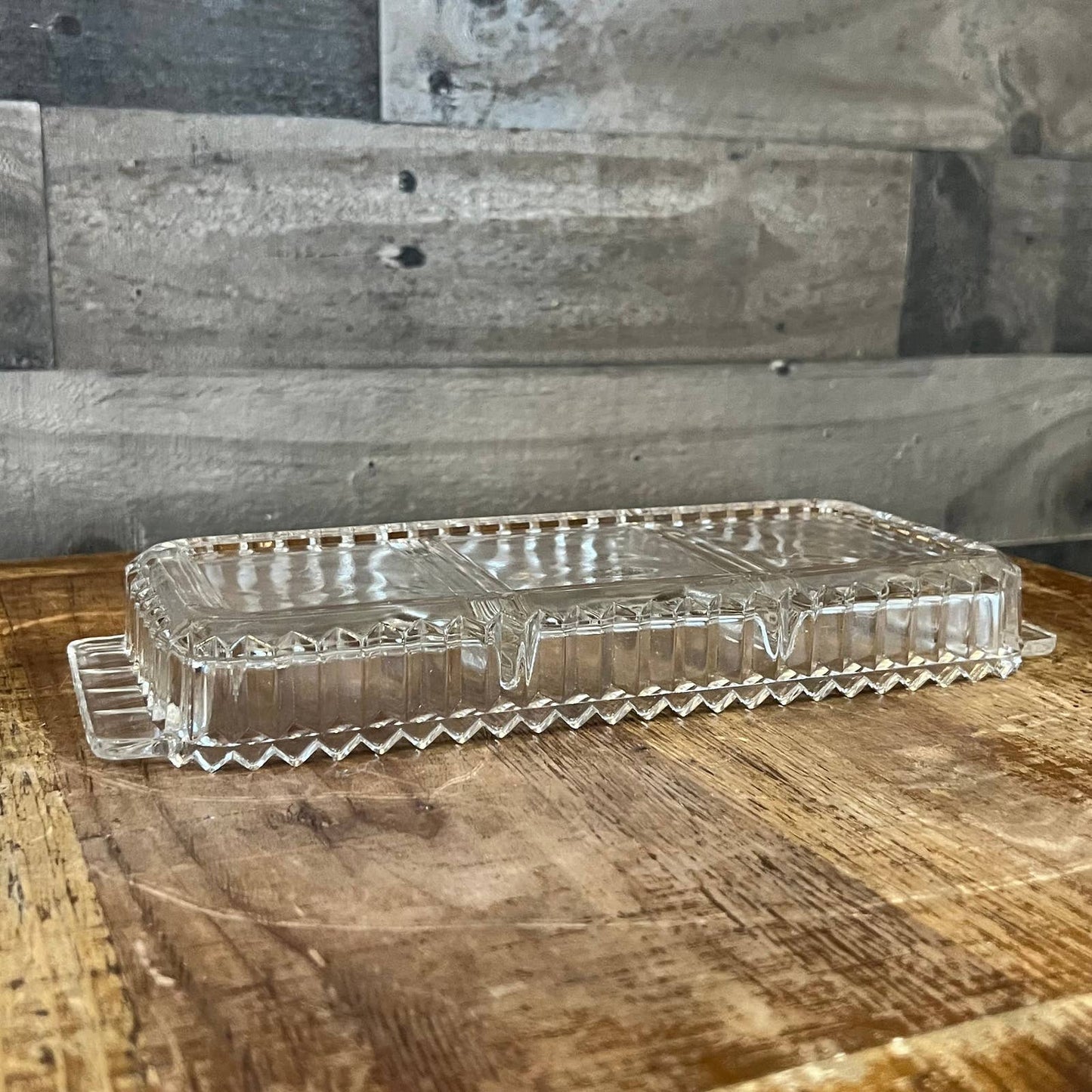 Vintage glass rectangle divided trinket tray with sawtooth rim