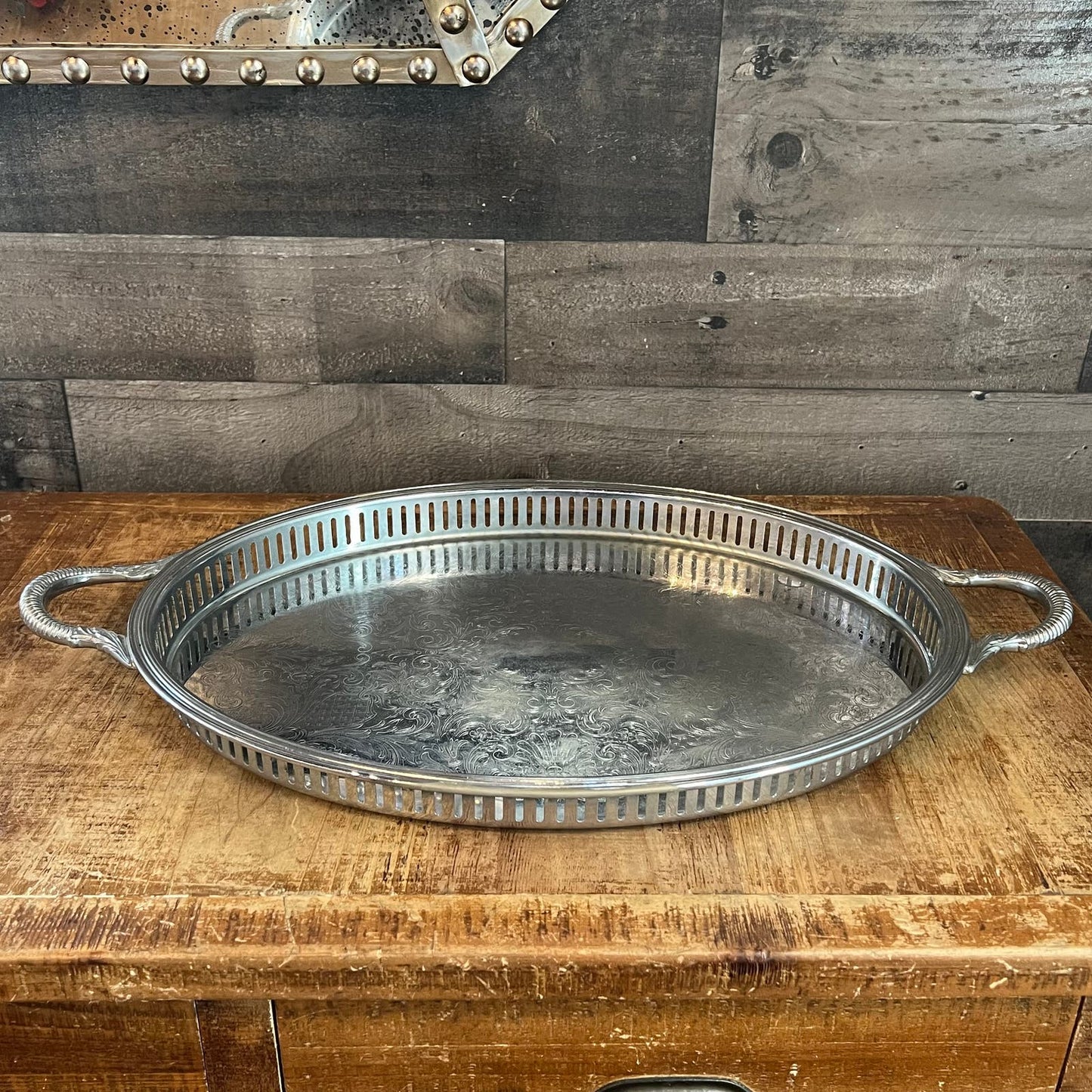Vintage Krome Kraft Farber Bros Oval Raised Rim Handled Serving Tray