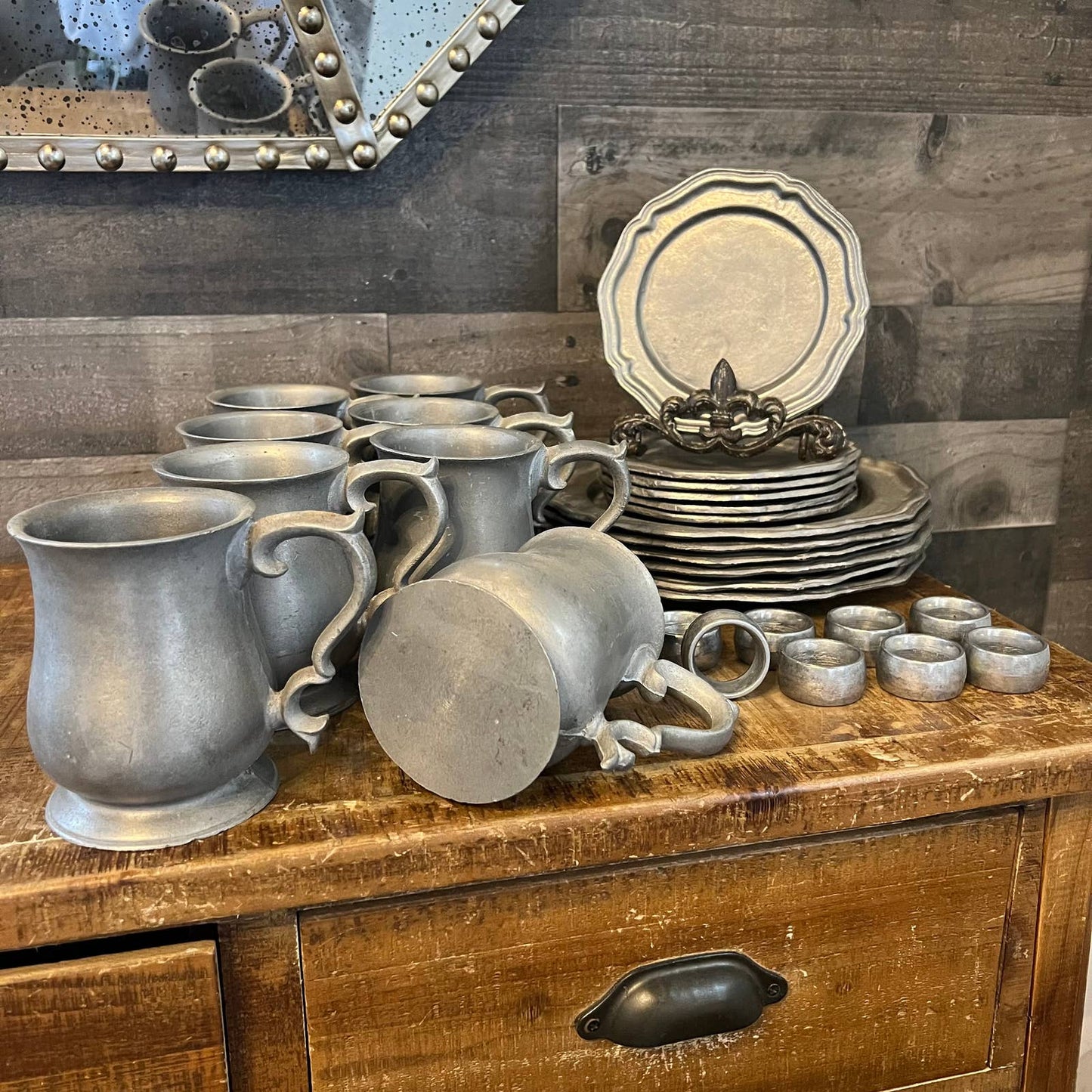 Vintage pewter dinnerware - pewter serveware - pewter mugs - pewter dinner plates - pewter salad plates