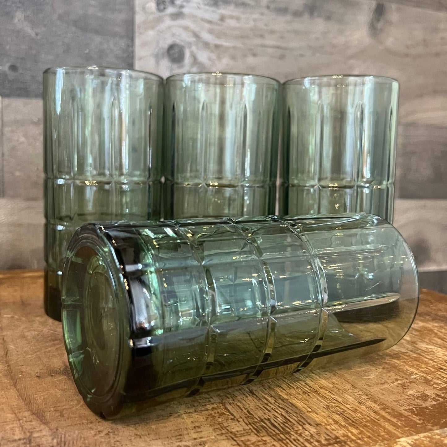 Vintage Anchor Hocking tall dark green tartan glasses - set of 4