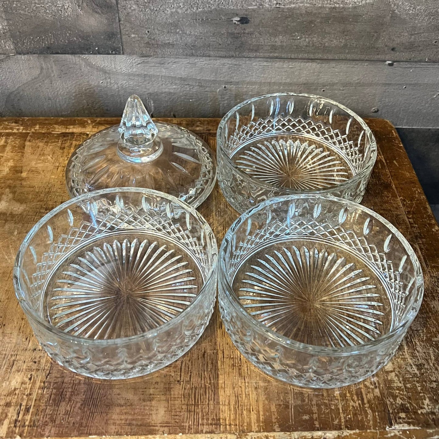 Vintage Indiana Glass 3 tier princess cut clear lidded dish