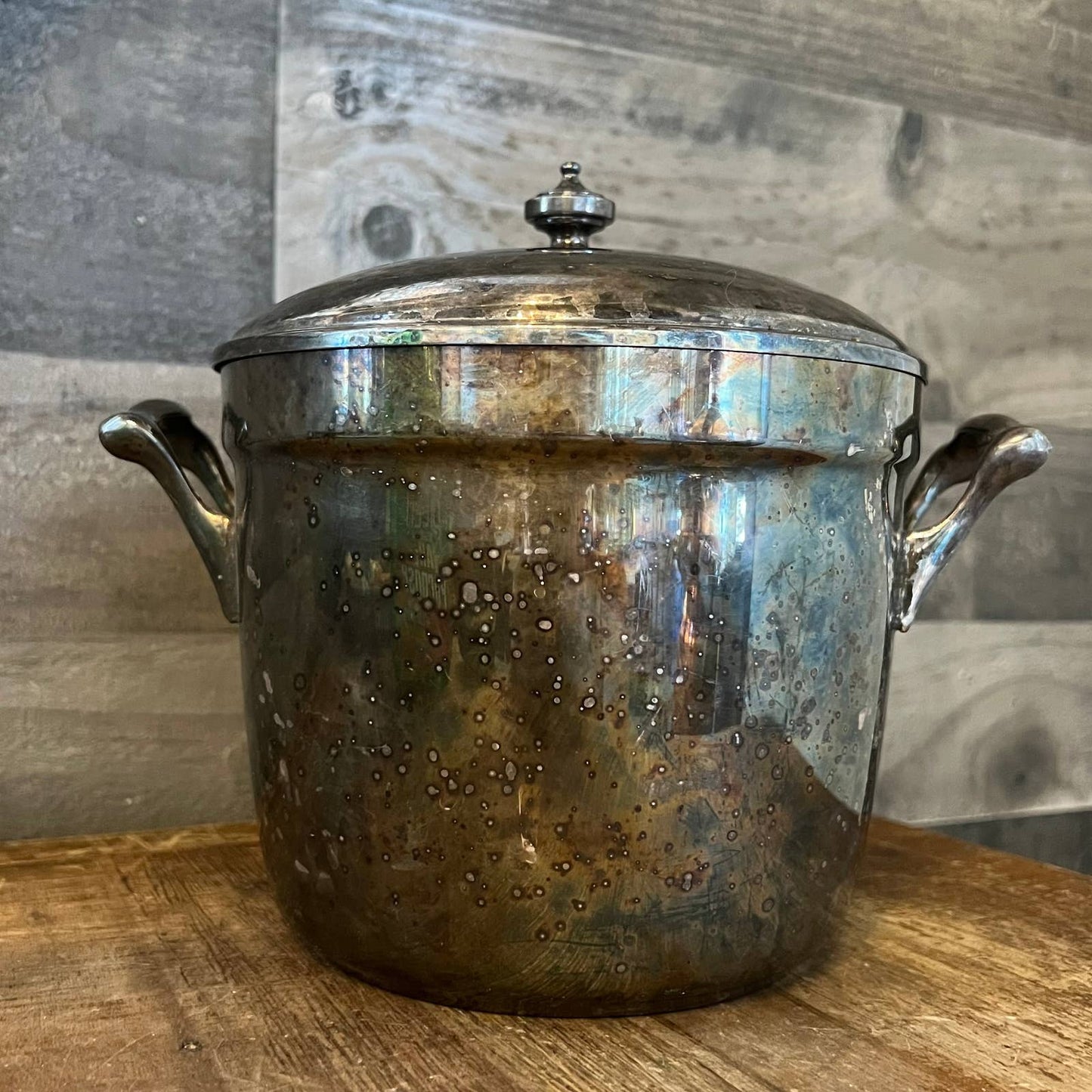Vintage Crescent silver plated double handled ice bucket and lid