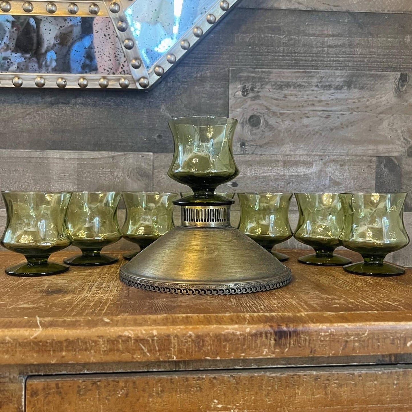 Vintage set of 8 Seneca green glass short stem coupes