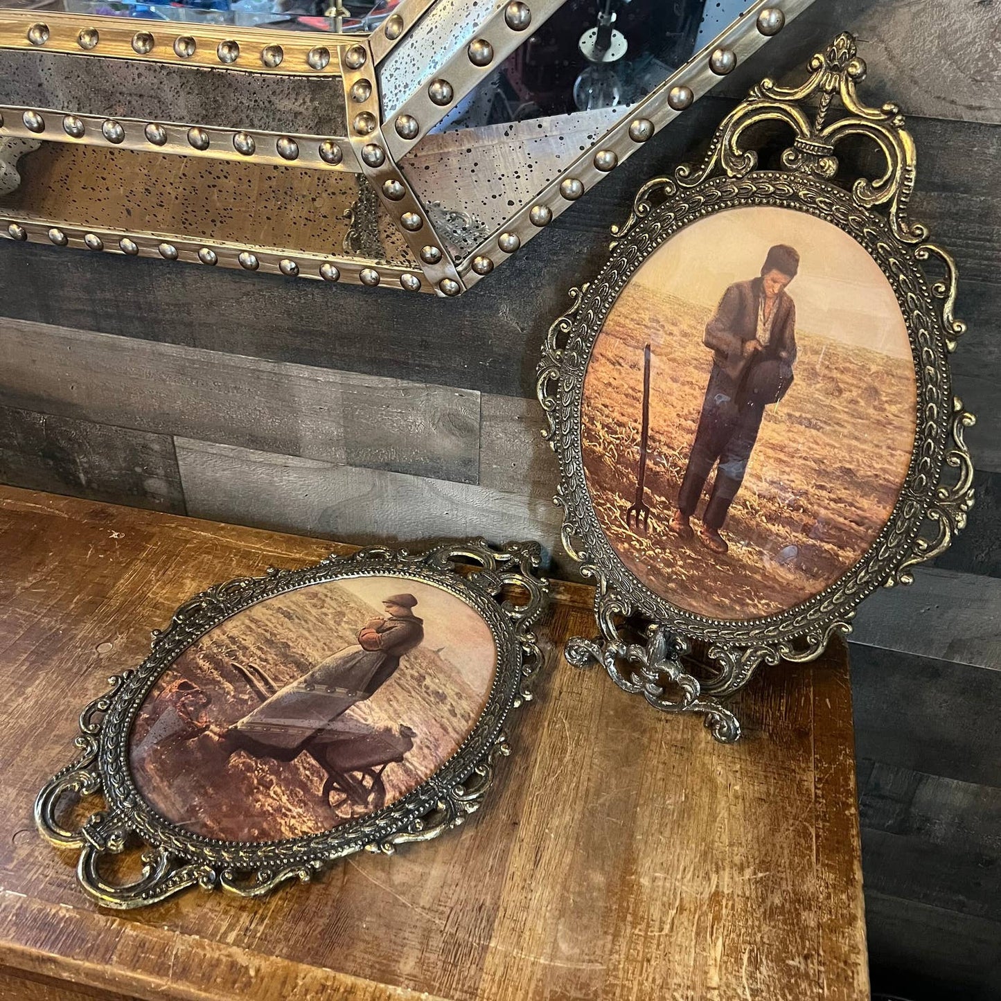 The Angelus by Jean Francois pictures - farmers pictures pair in oval Victorian frame