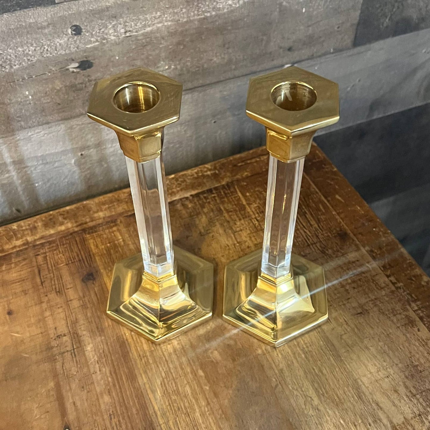Brass and lucite candlestick holder pair