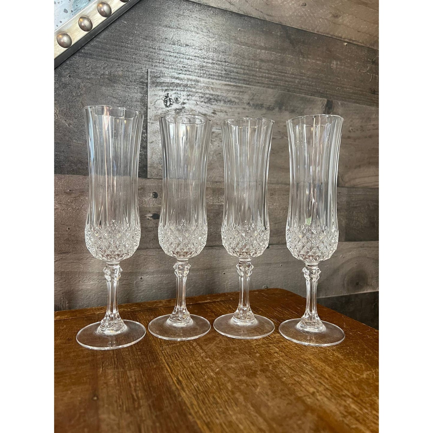 4 Vintage Cristal D’Arques Durand clear crystal faceted stem champagne glasses