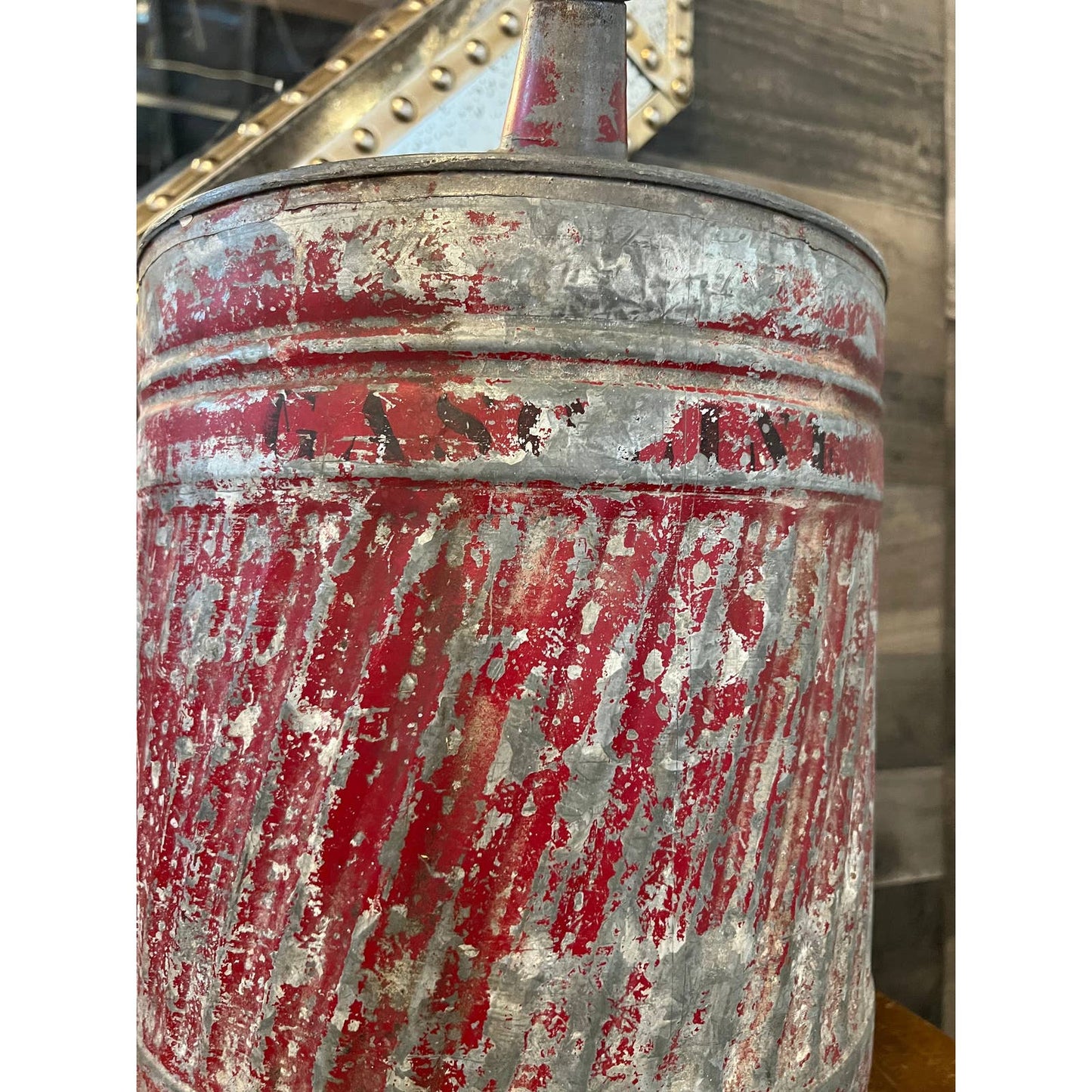 Vintage galvanized rustic metal handles gasoline can - red chipped paint gasoline can with handle and spout