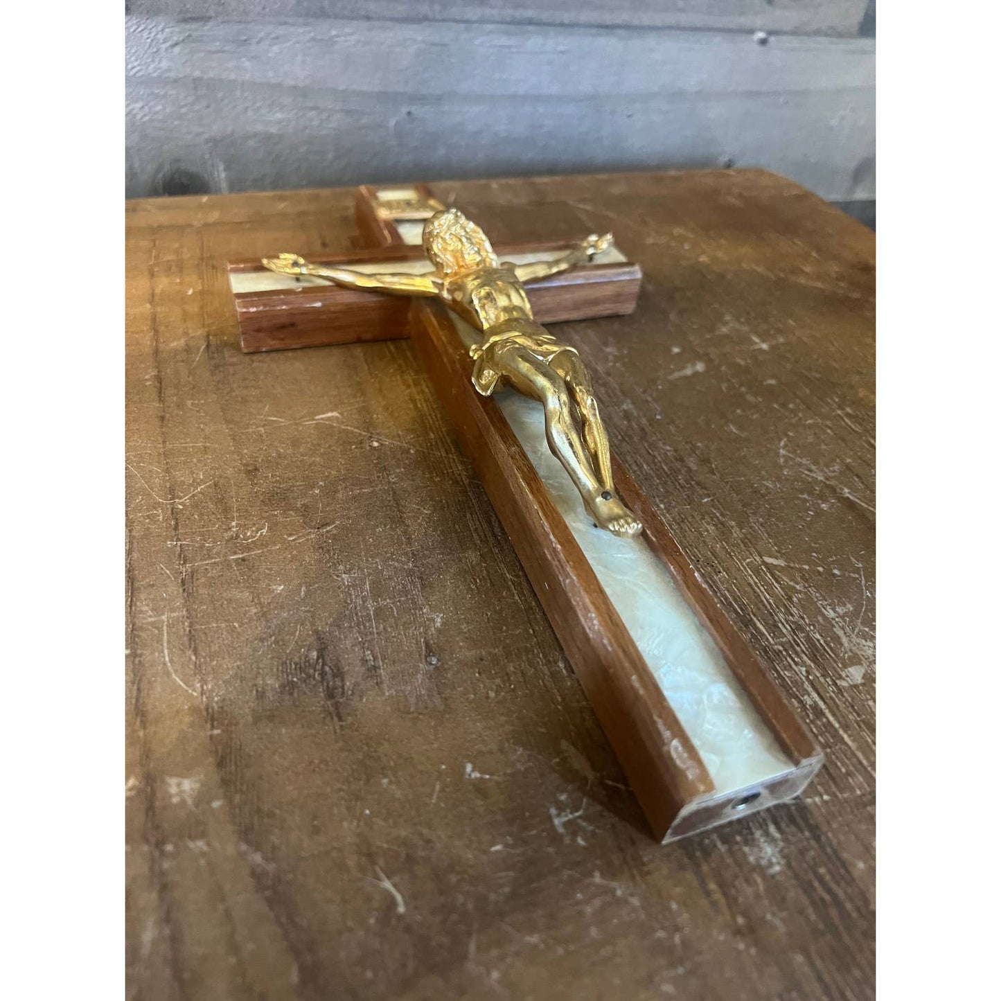 Vintage wooden pearlescent cross Jesus crucifix