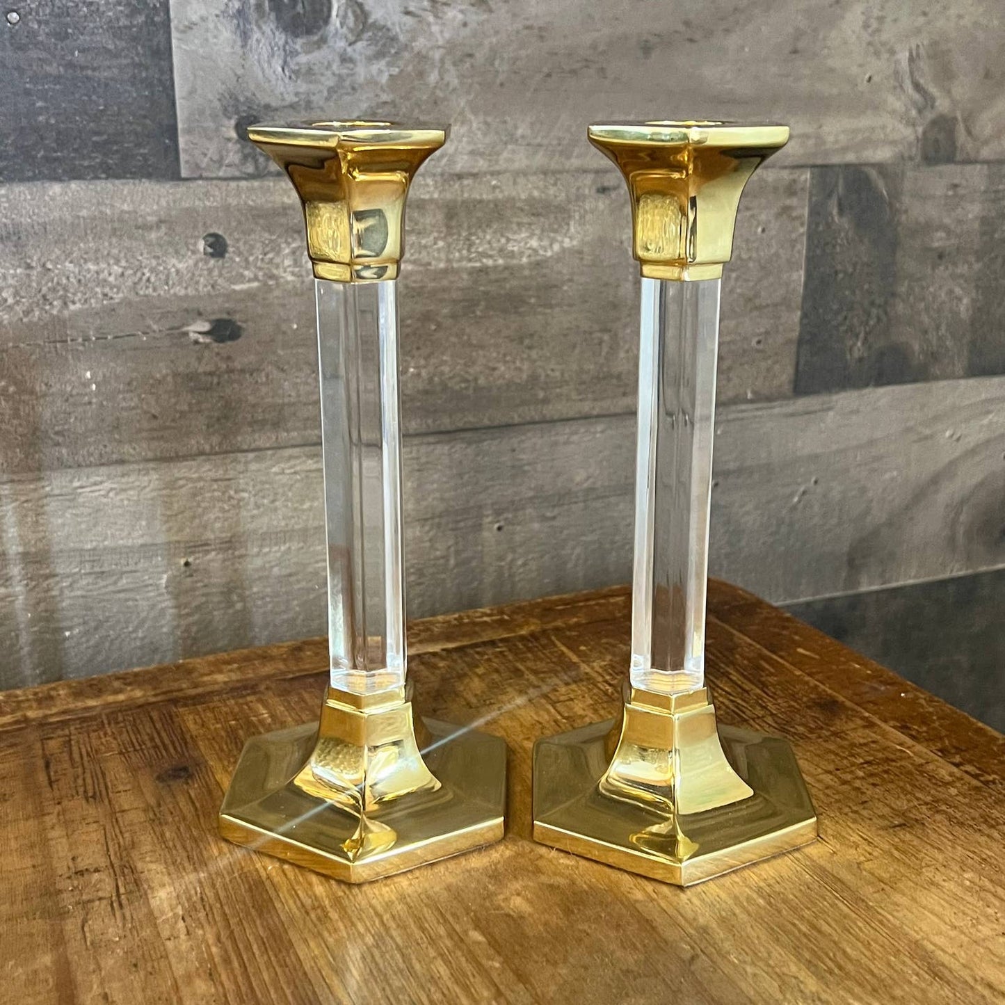 Brass and lucite candlestick holder pair