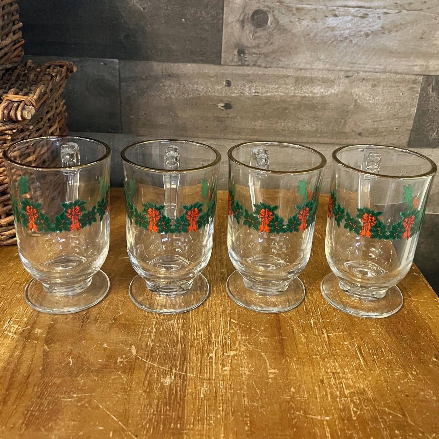 4 vintage holiday Libbey glass green garland red bows holly berries mugs