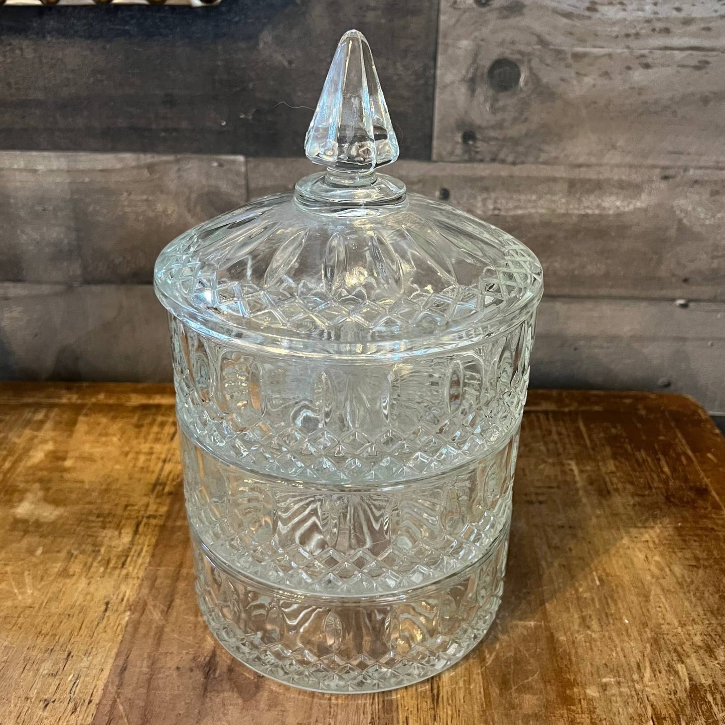 Vintage Indiana Glass 3 tier princess cut clear lidded dish