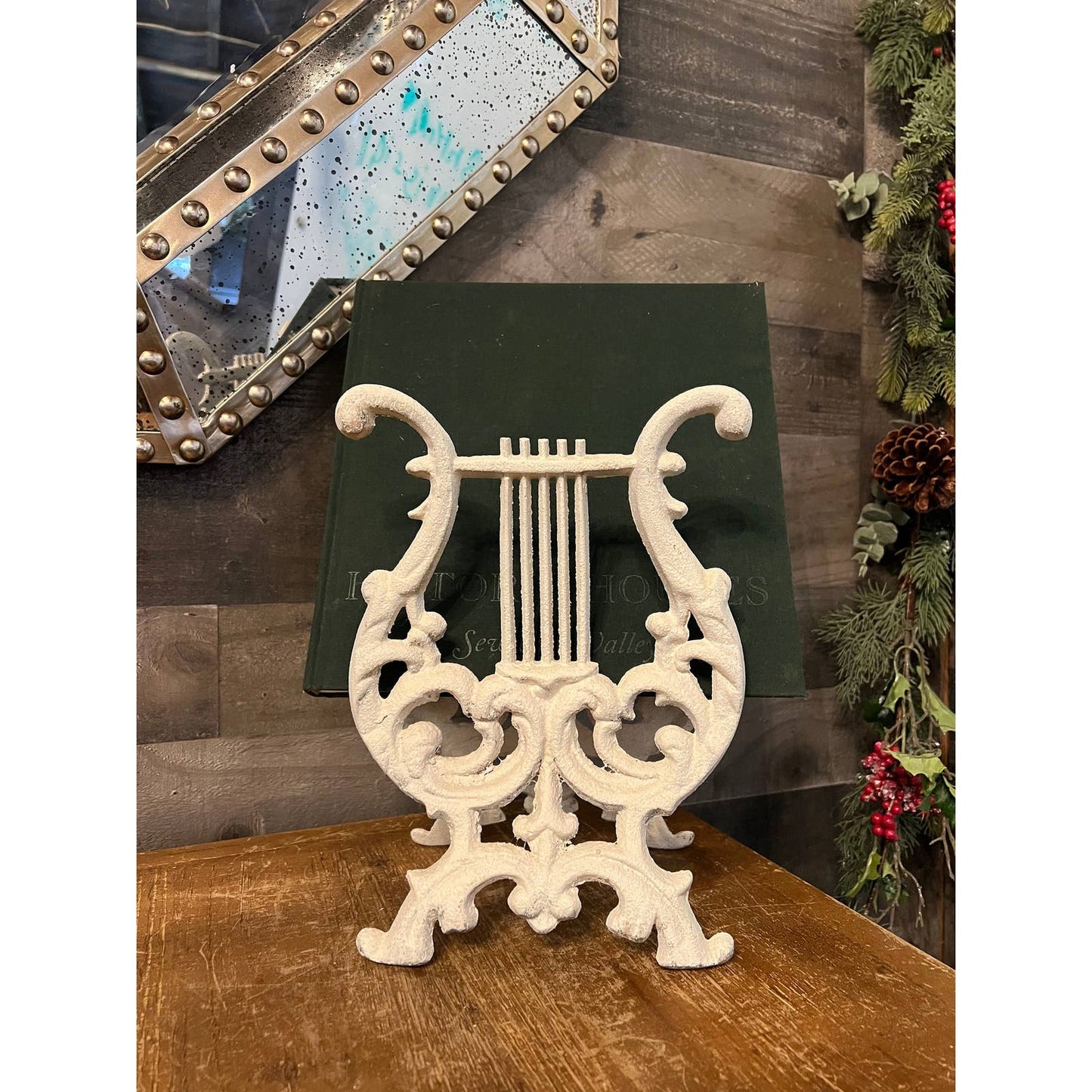 Vintage white lyre harp book stand