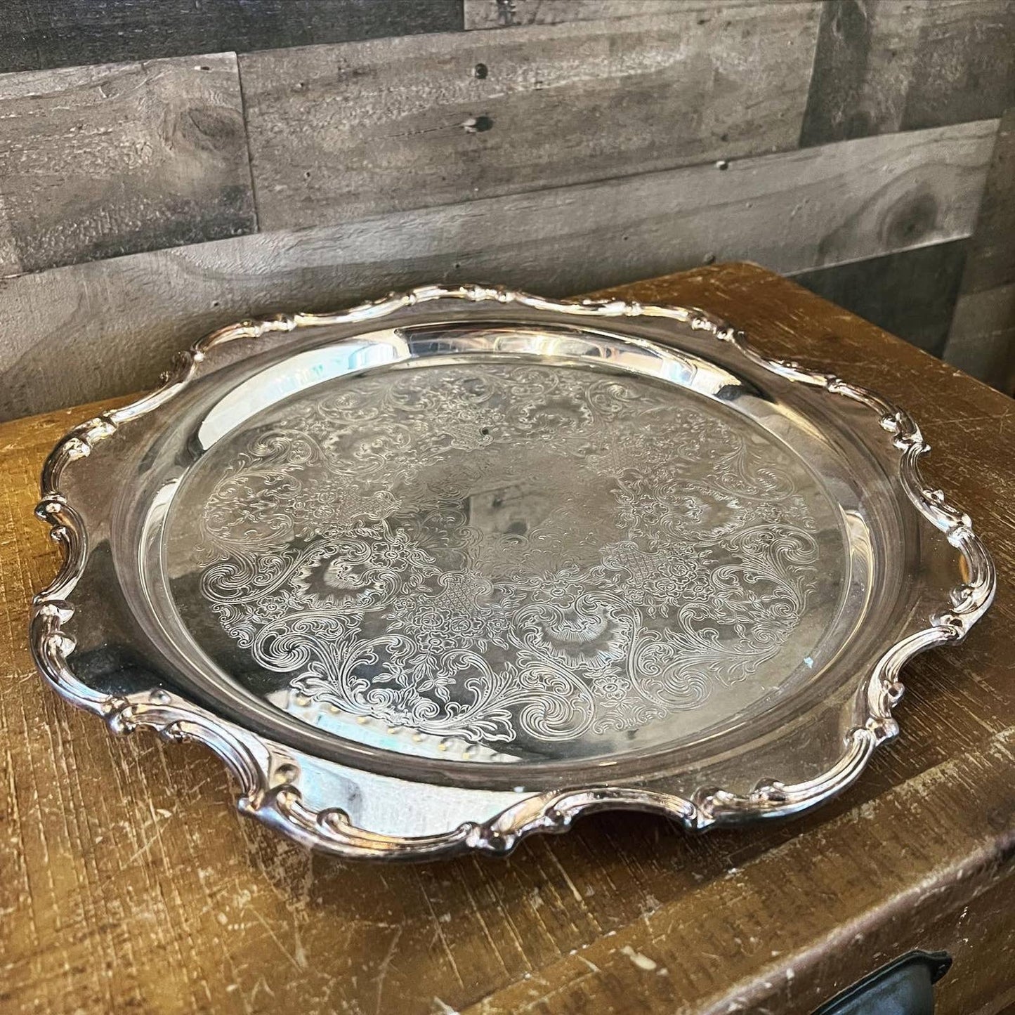 Vintage AMC Silverplate round scallop rim baroque tray