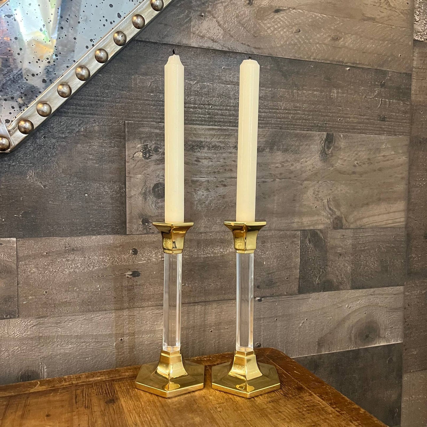 Brass and lucite candlestick holder pair