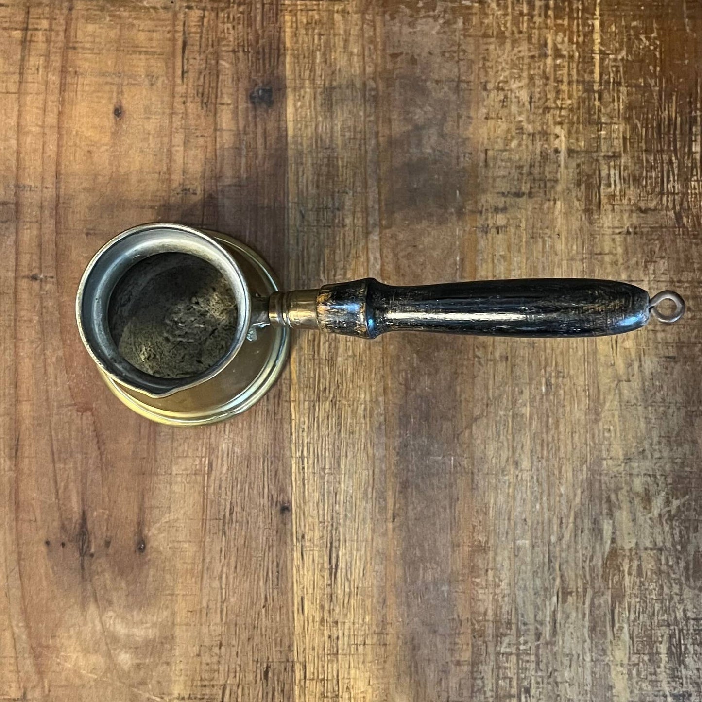 Vintage brass butter warmer with wooden handle