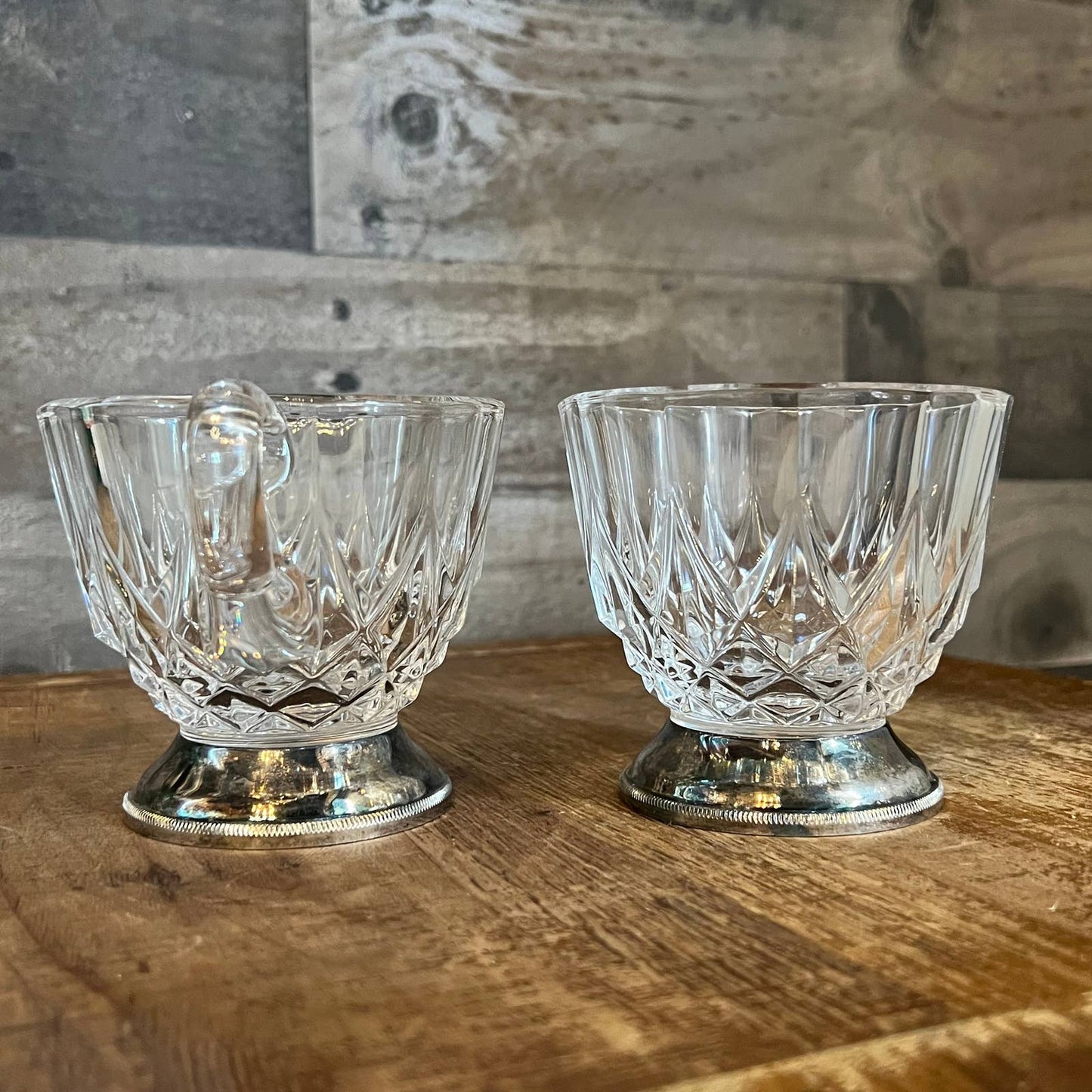 Vintage Val Saint Lambert crystal sugar and creamer with silver plated base