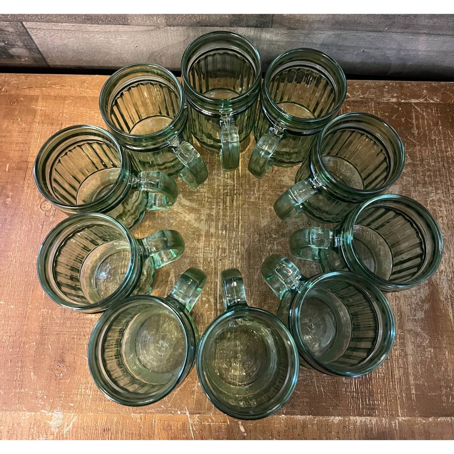 Green Glass Anchor Hocking Line Lites Beer Tankards set of 10