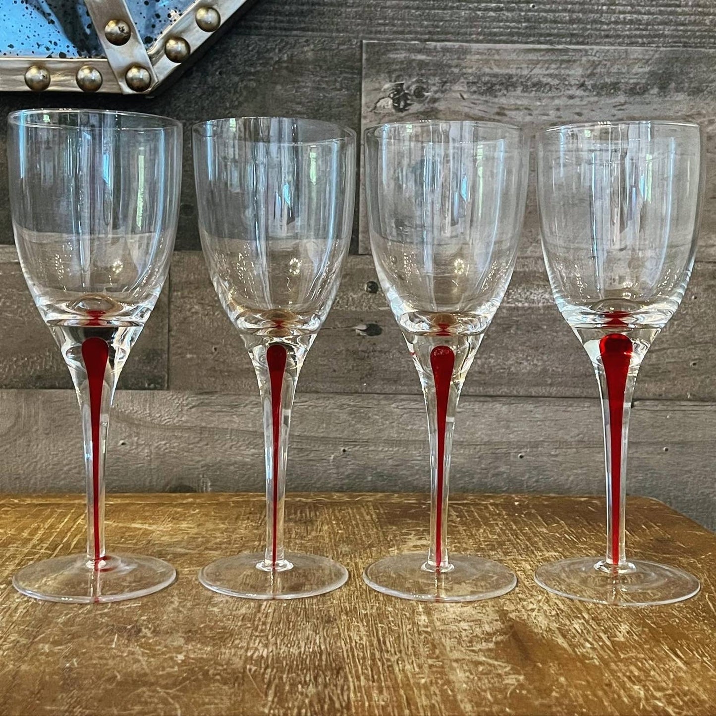 Set of 4 red teardrop long stem clear glass wine glasses